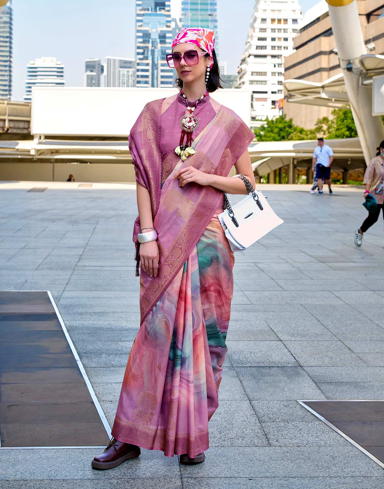 Lavender Silk Printed Woven Saree