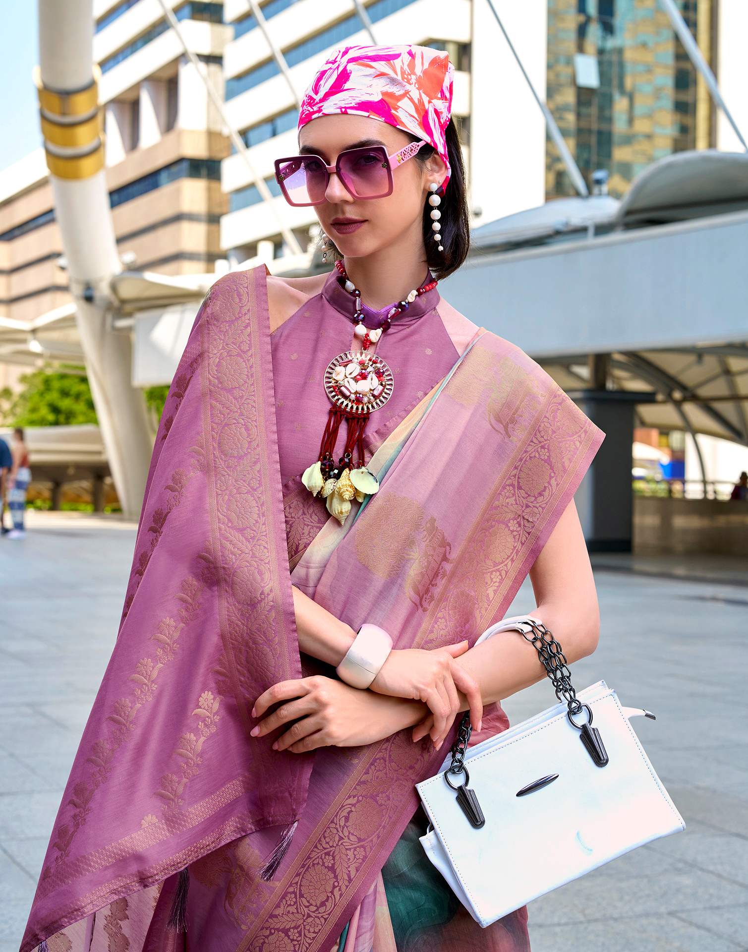 Lavender Silk Printed Woven Saree