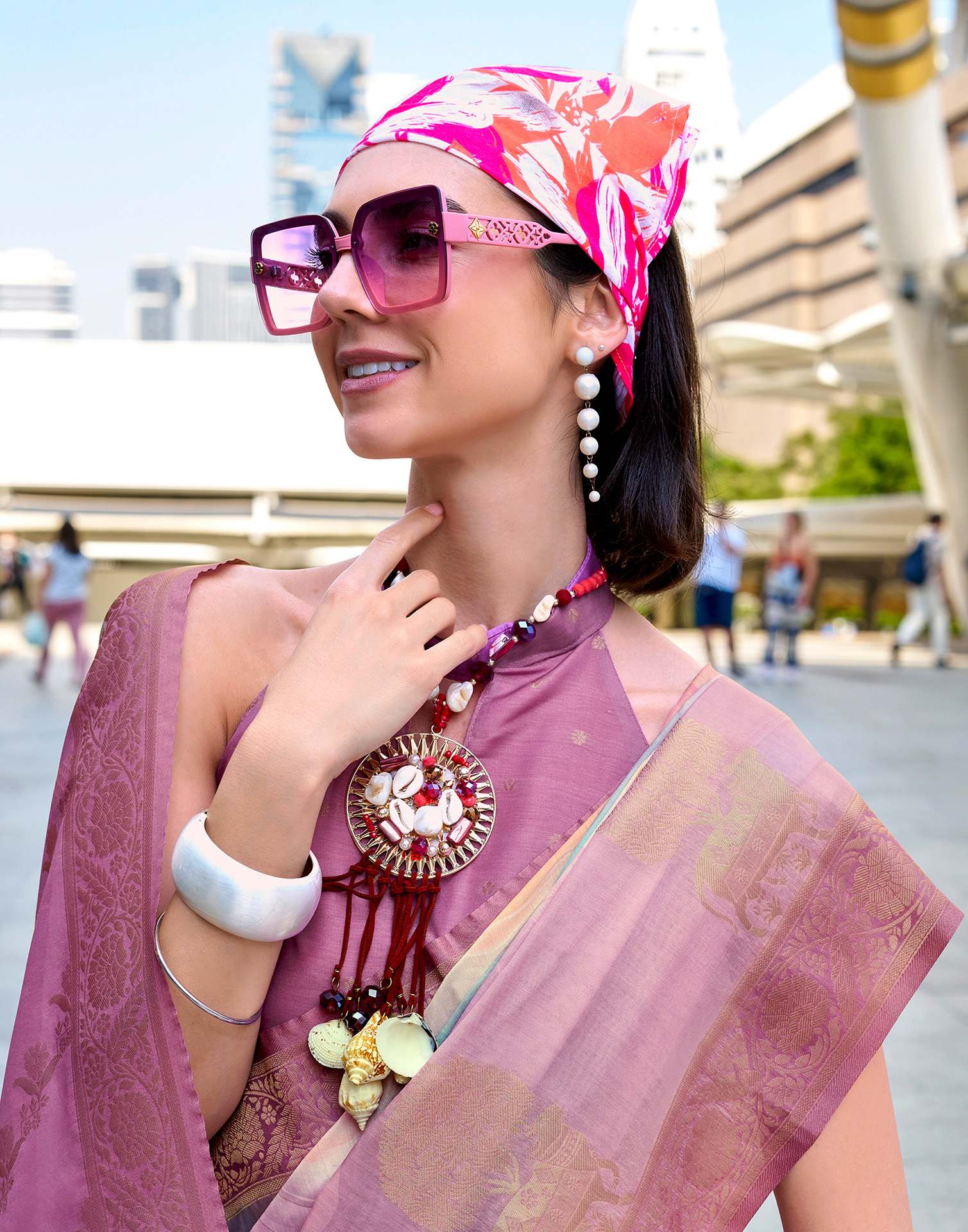 Lavender Silk Printed Woven Saree