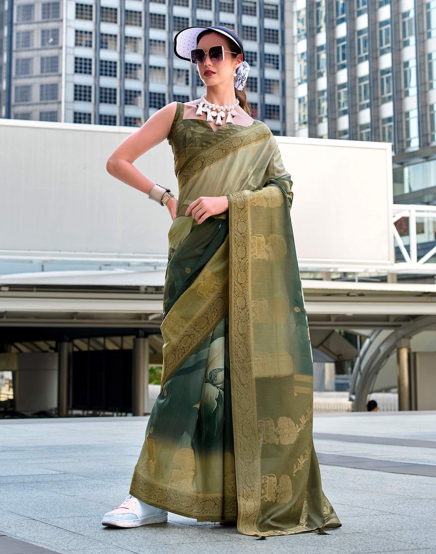 Moss Green Silk Printed Woven Saree