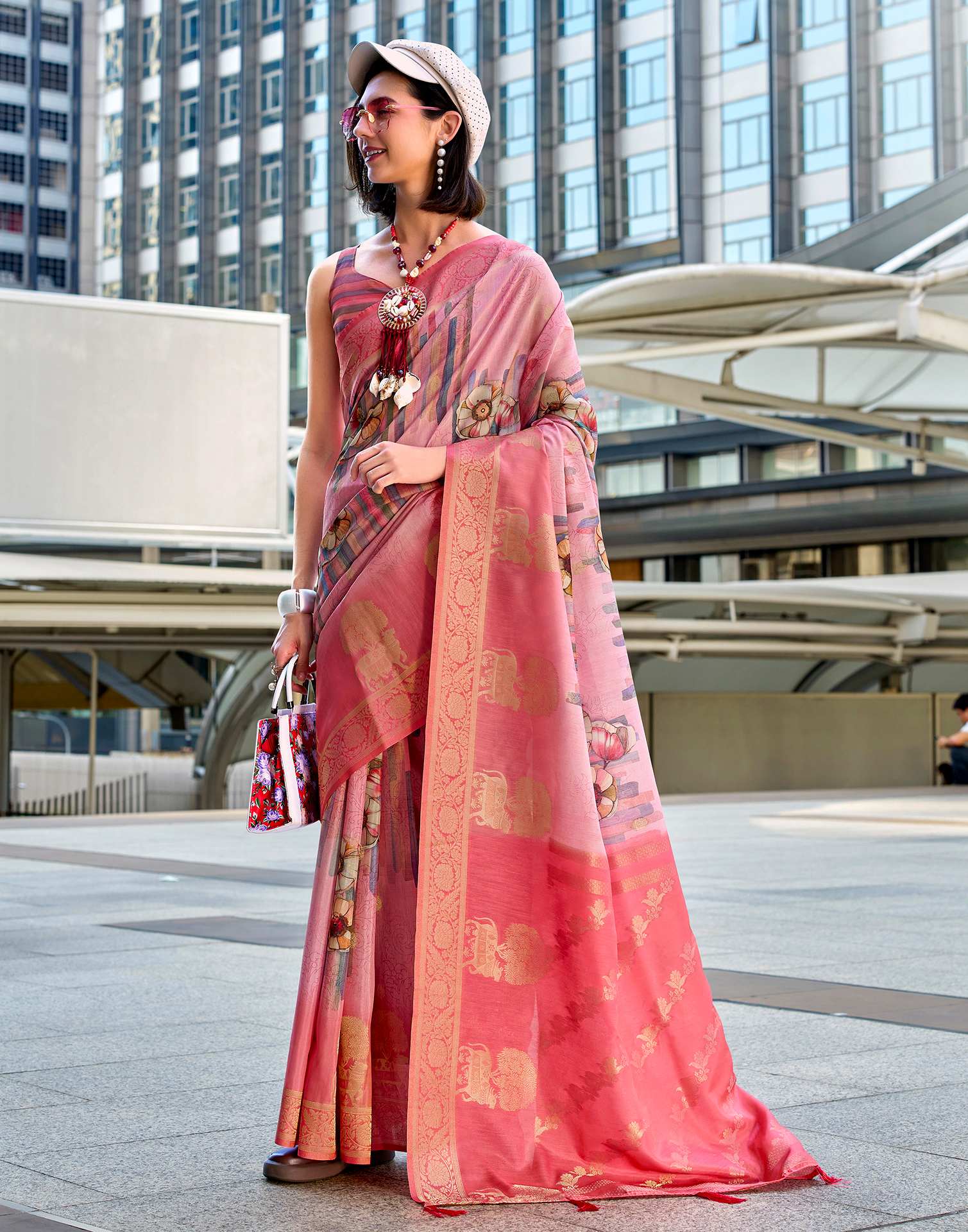 Rose Pink Silk Printed Woven Saree