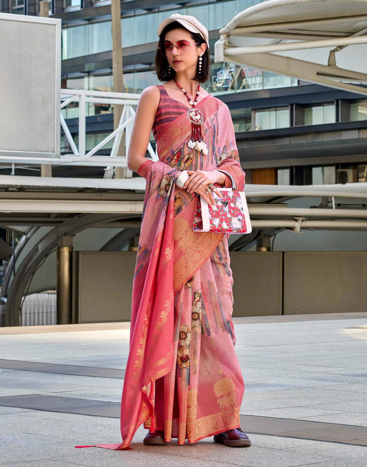 Rose Pink Silk Printed Woven Saree