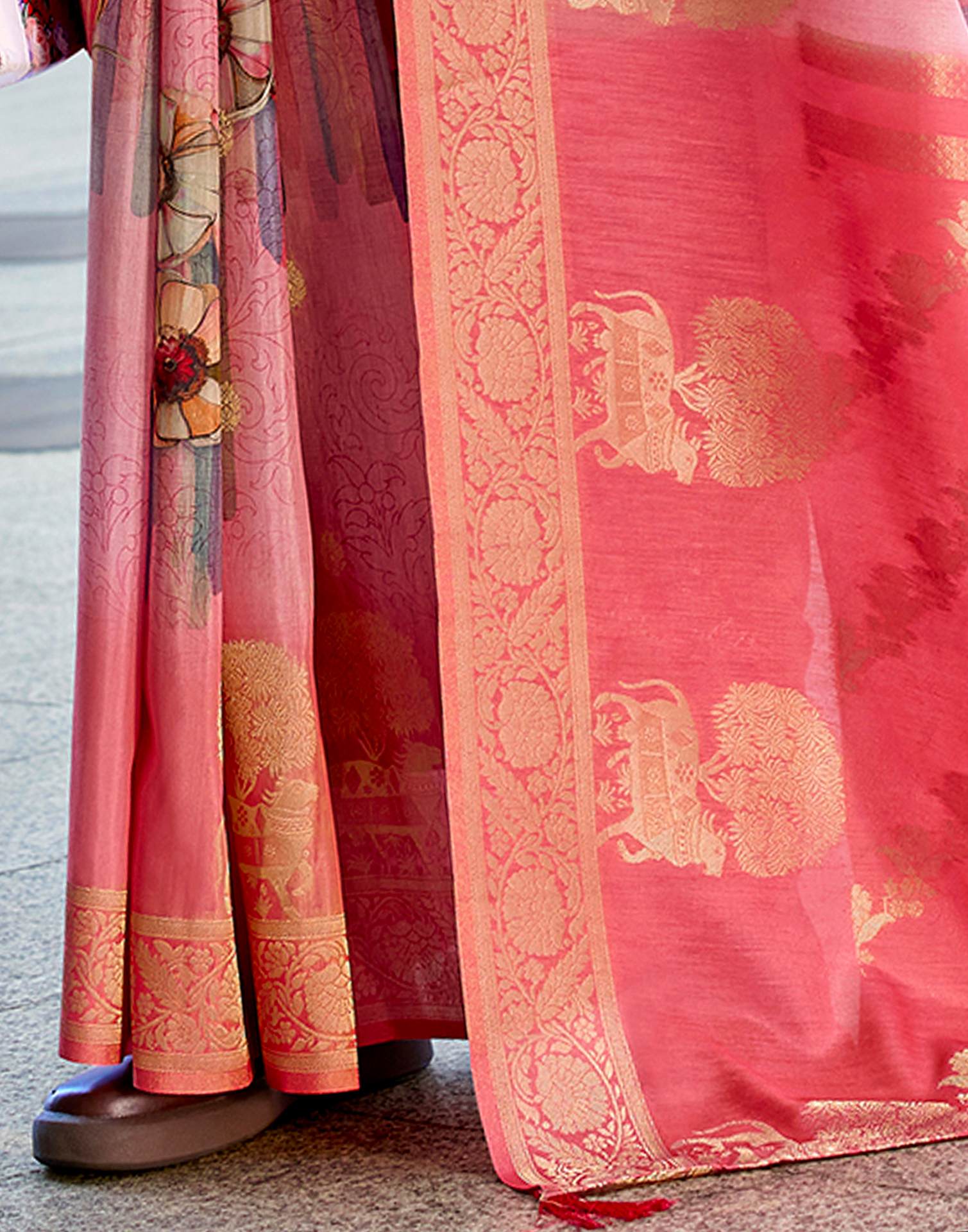 Rose Pink Silk Printed Woven Saree