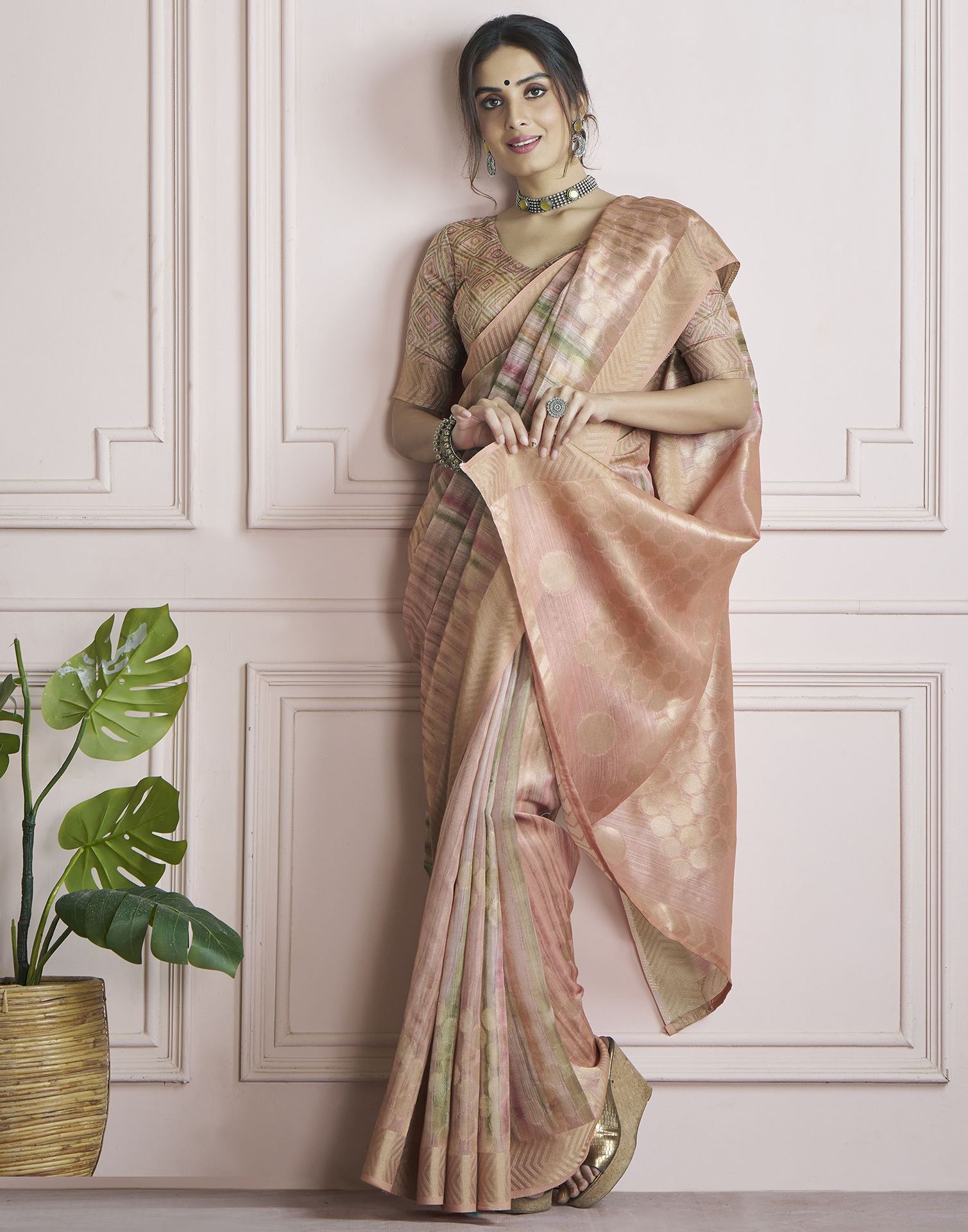 Rose Pink Khadi Printed Woven Saree