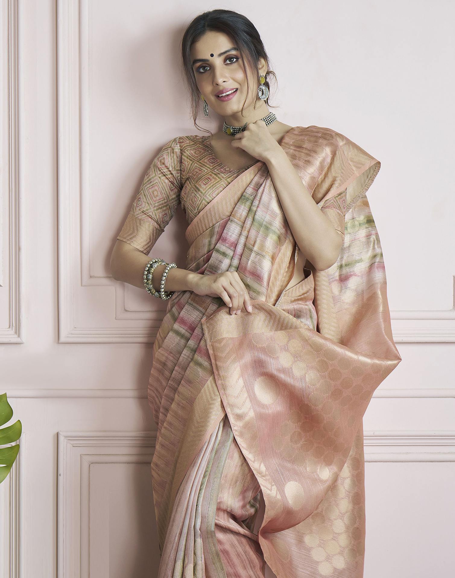 Rose Pink Khadi Printed Woven Saree
