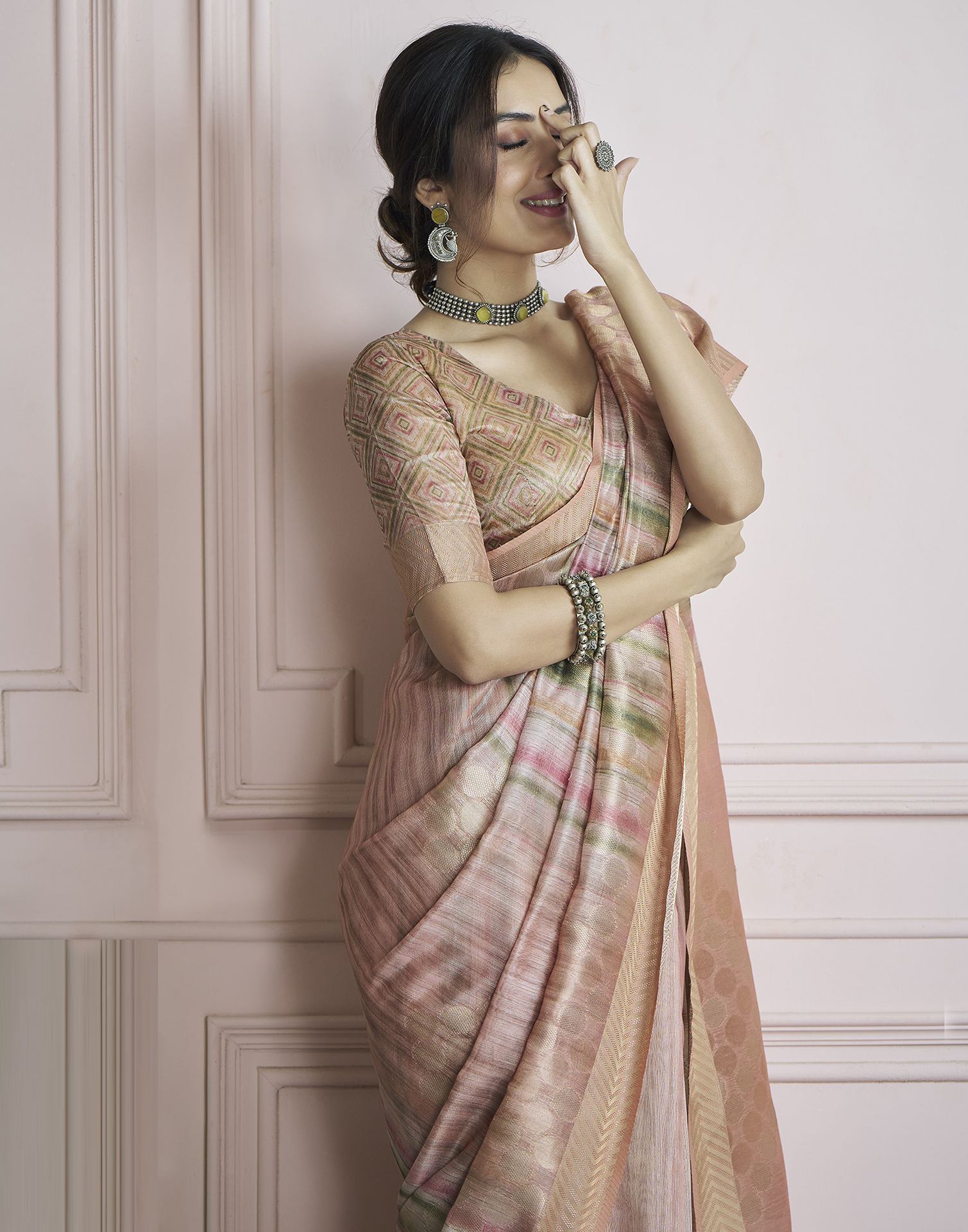 Rose Pink Khadi Printed Woven Saree