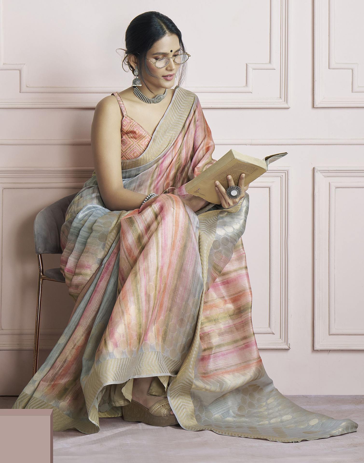 Light Grey Khadi Printed Woven Saree