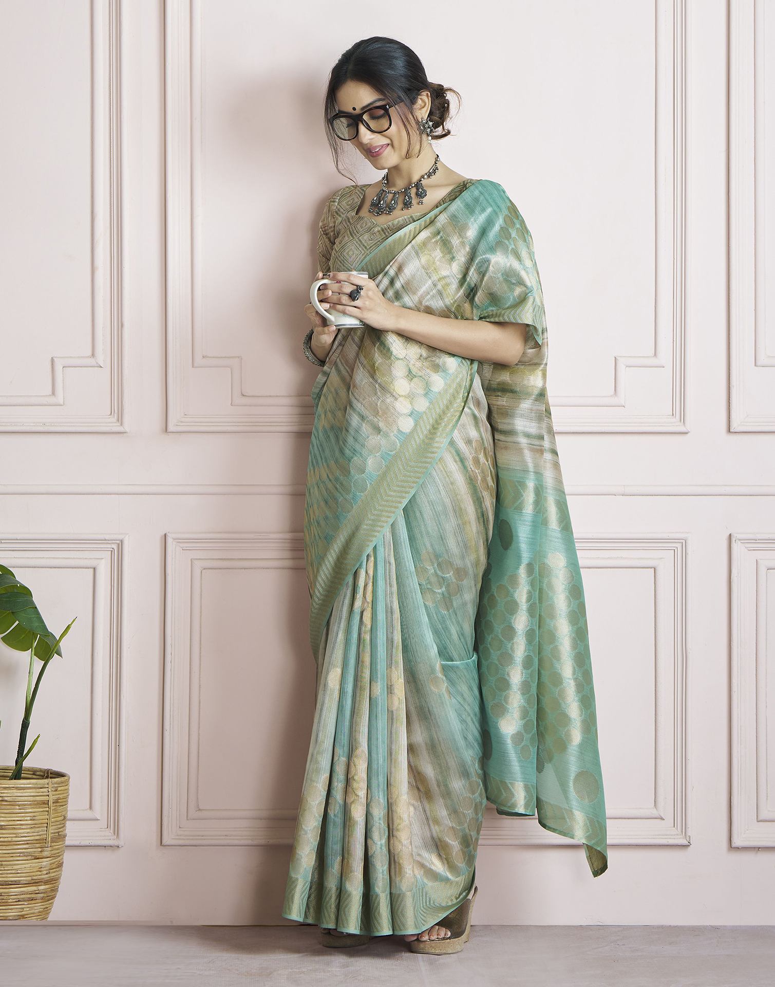 Teal Green Khadi Printed Woven Saree
