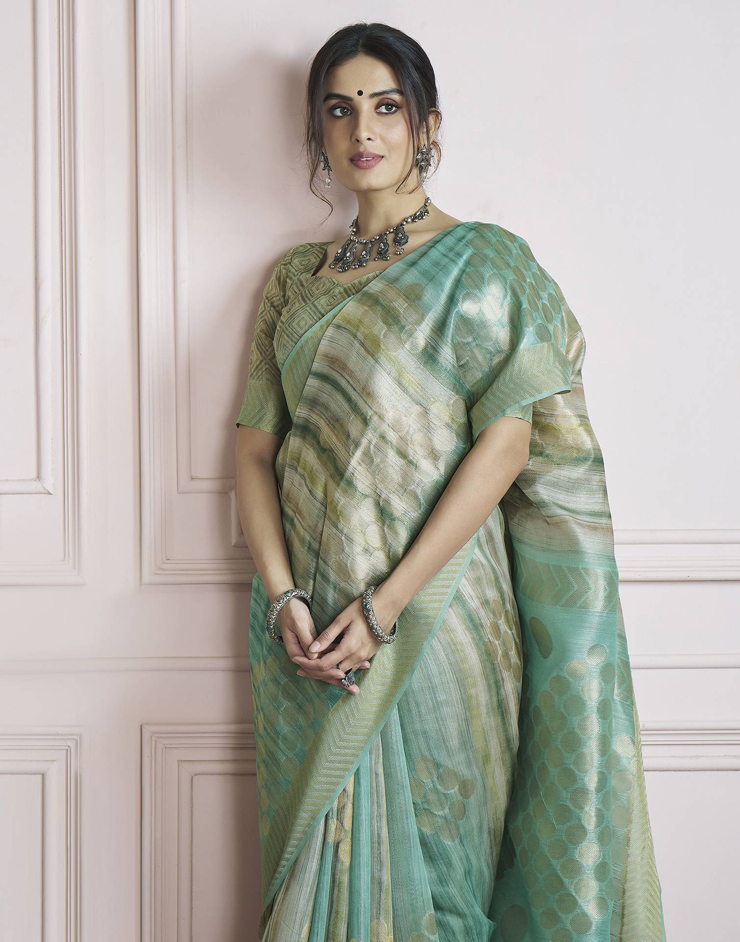 Teal Green Khadi Printed Woven Saree