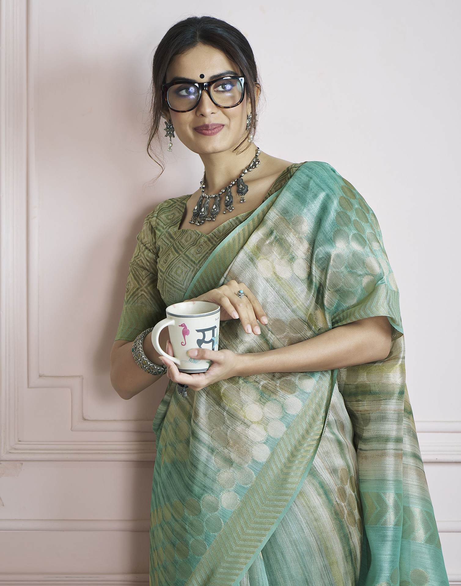 Teal Green Khadi Printed Woven Saree