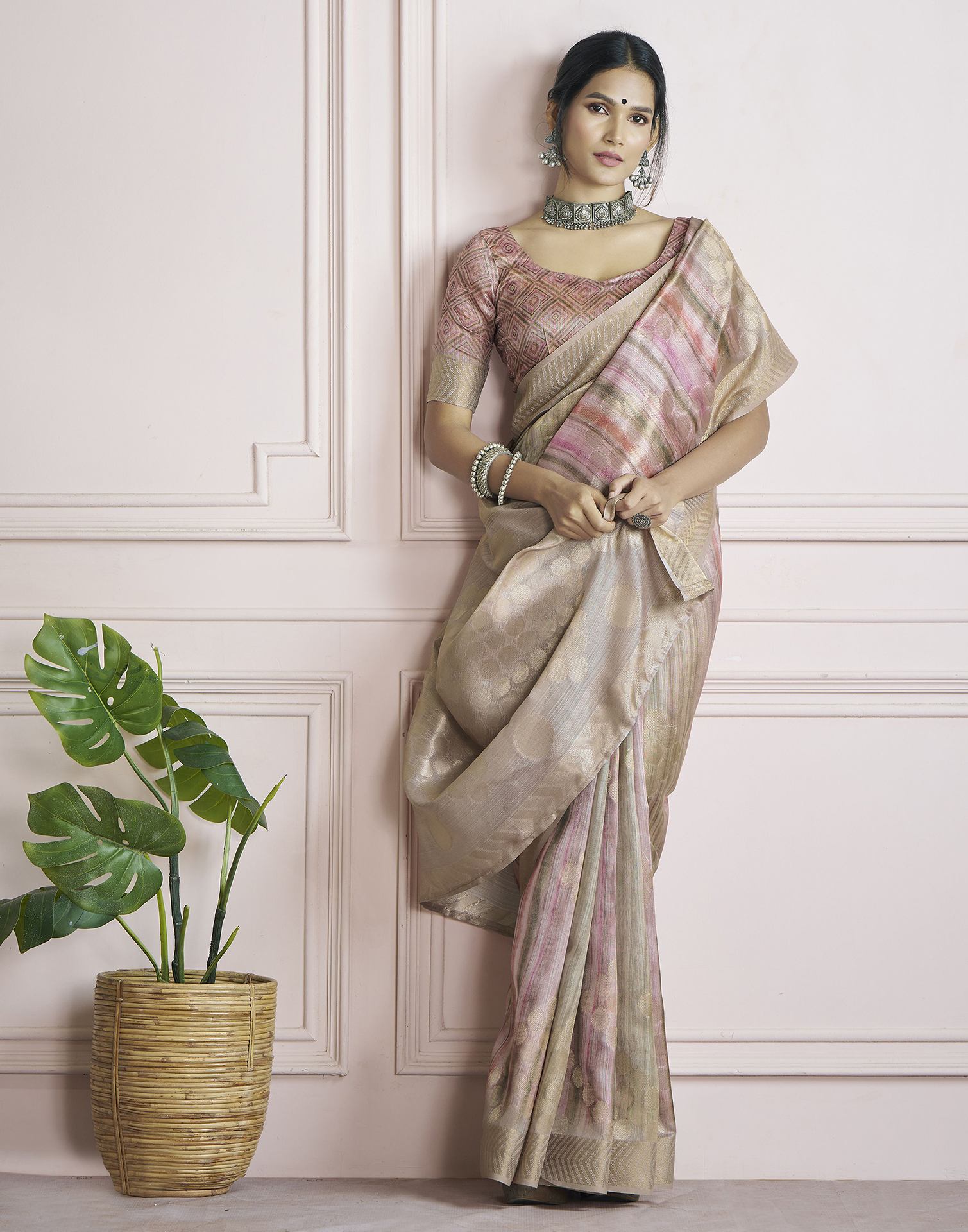 Rose Pink Khadi Printed Woven Saree