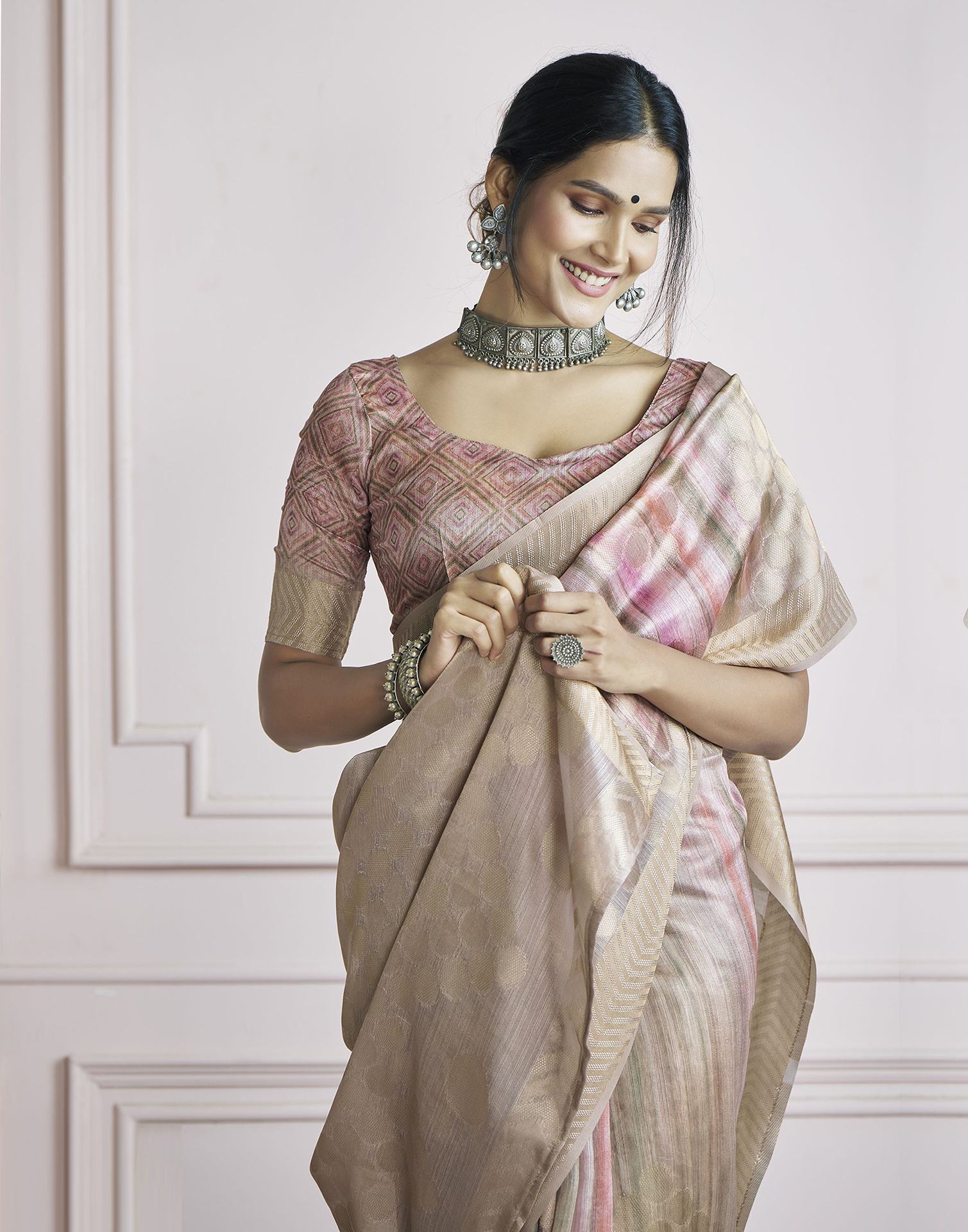 Rose Pink Khadi Printed Woven Saree