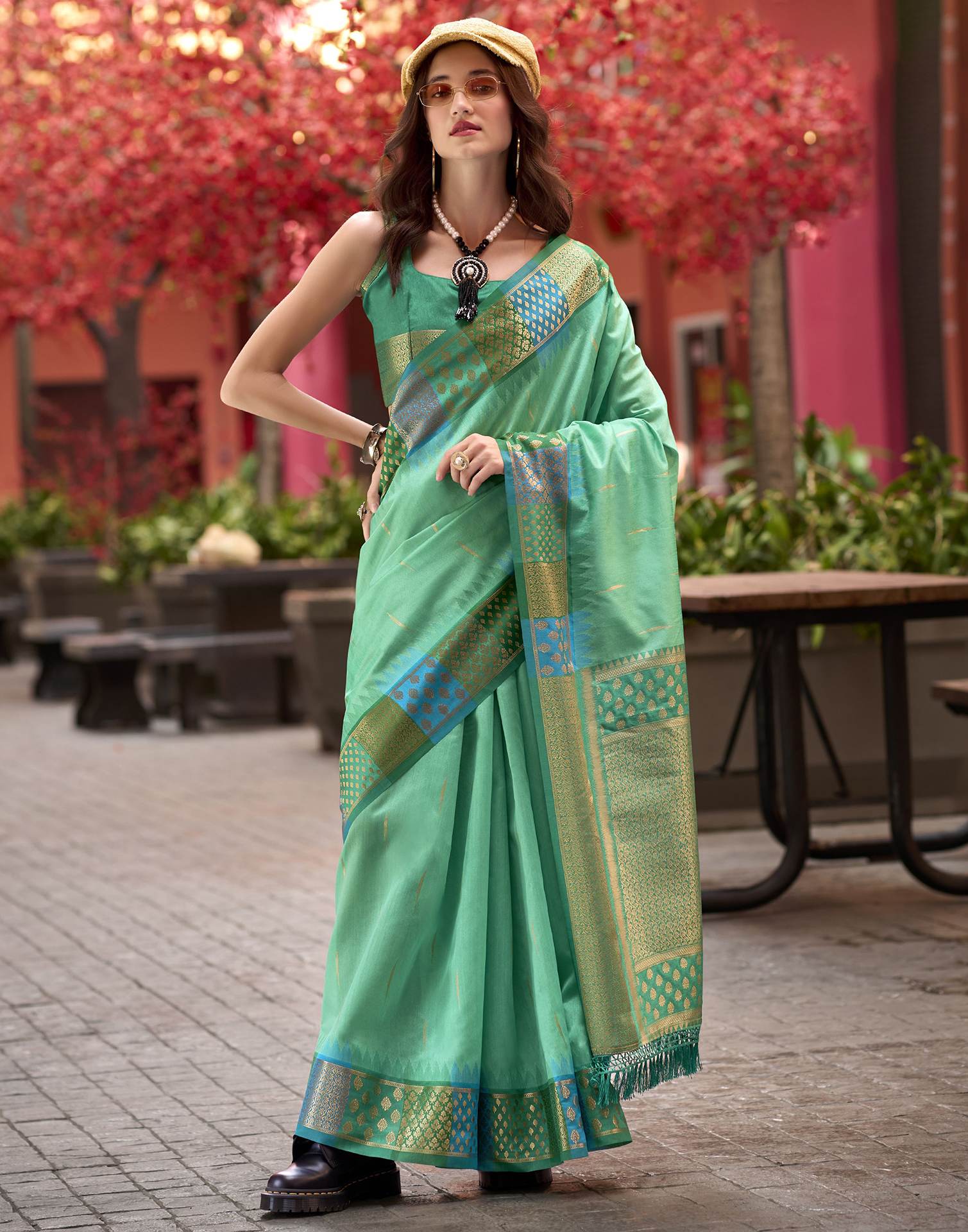 Teal Green Silk Woven Saree