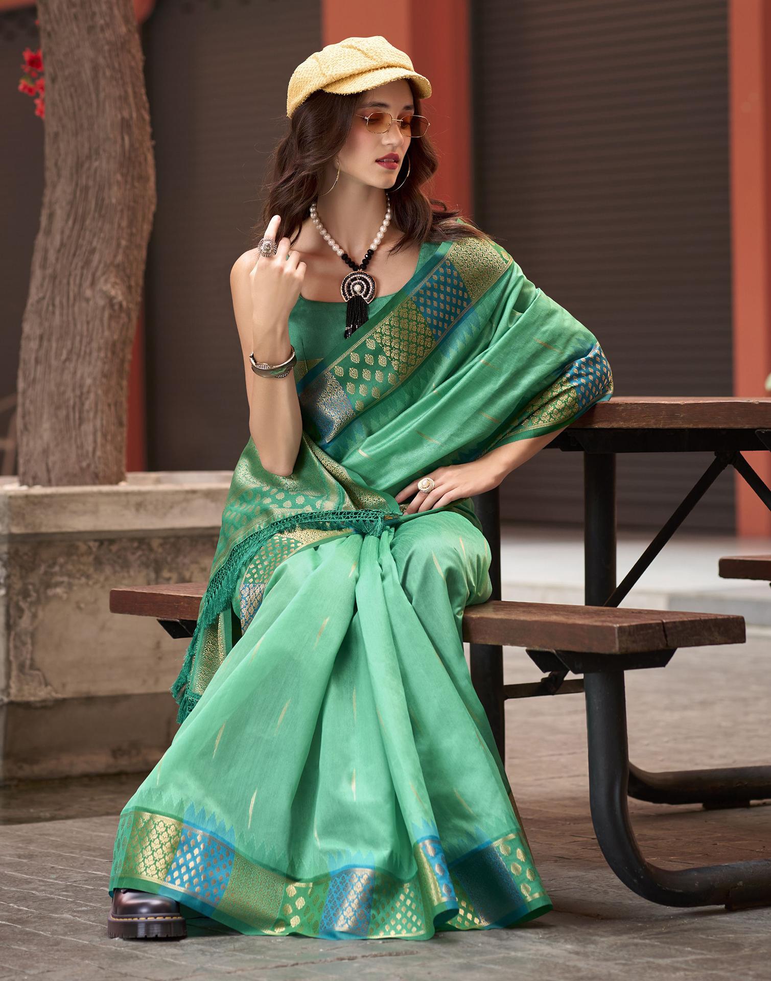 Teal Green Silk Woven Saree