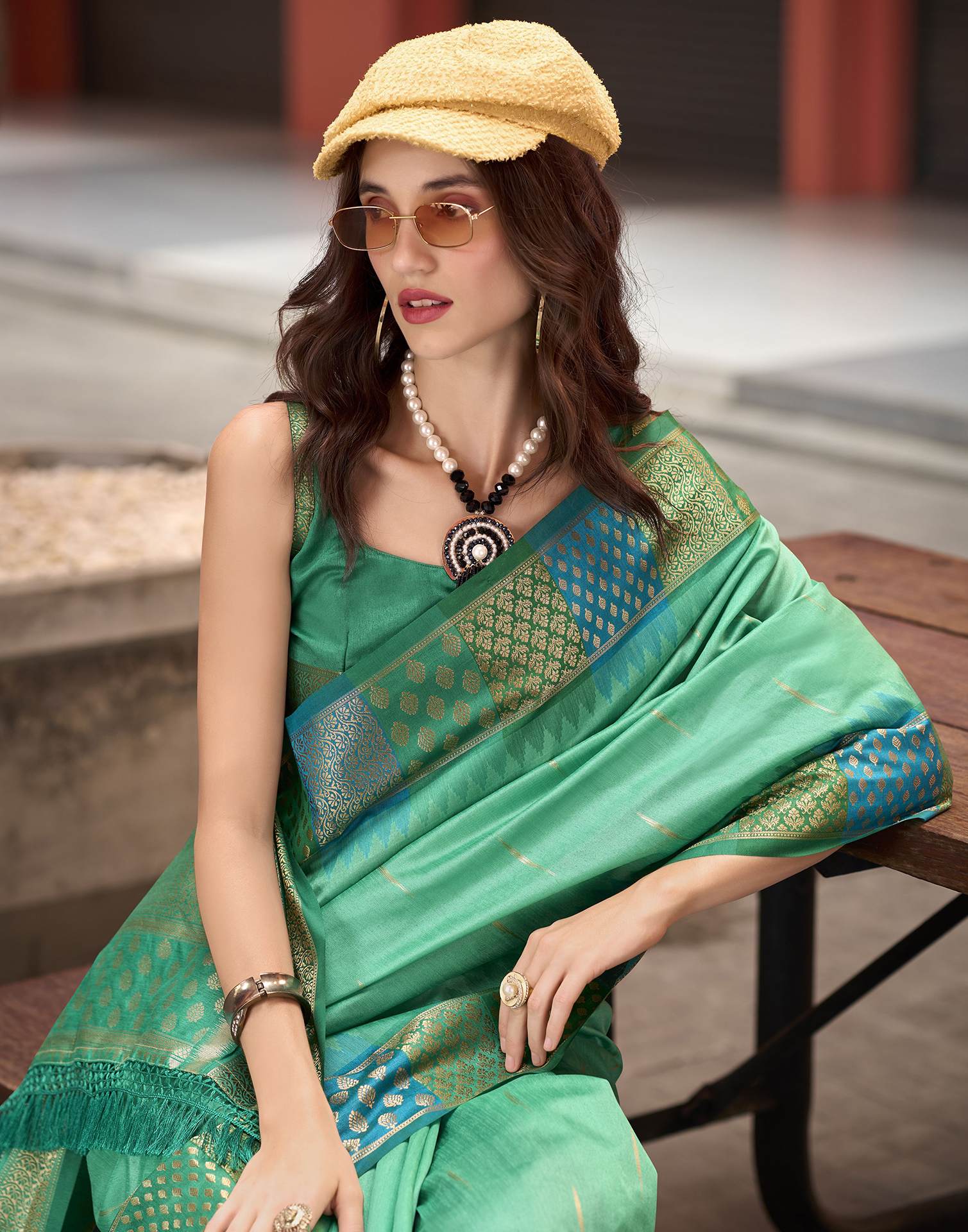 Teal Green Silk Woven Saree
