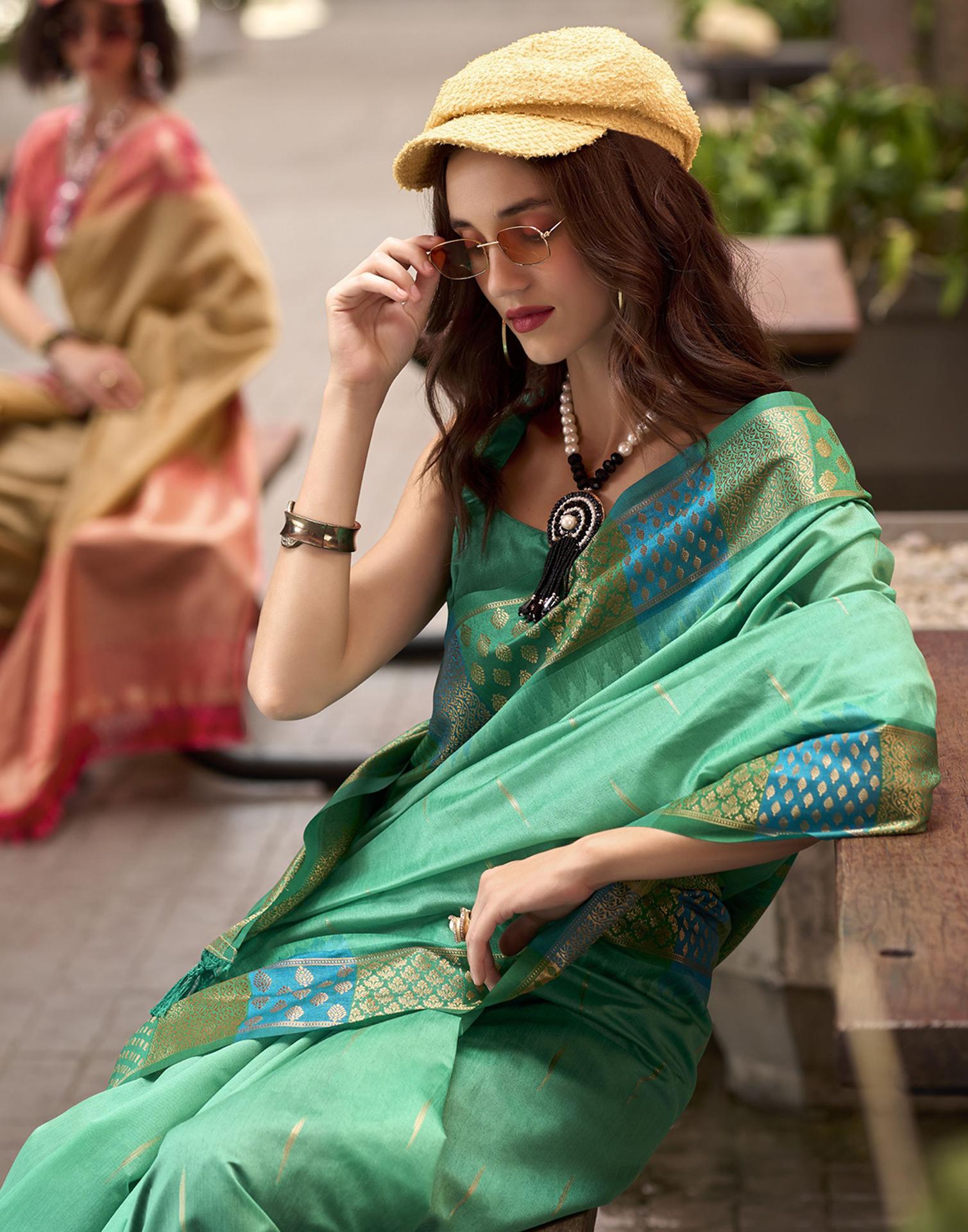 Teal Green Silk Woven Saree