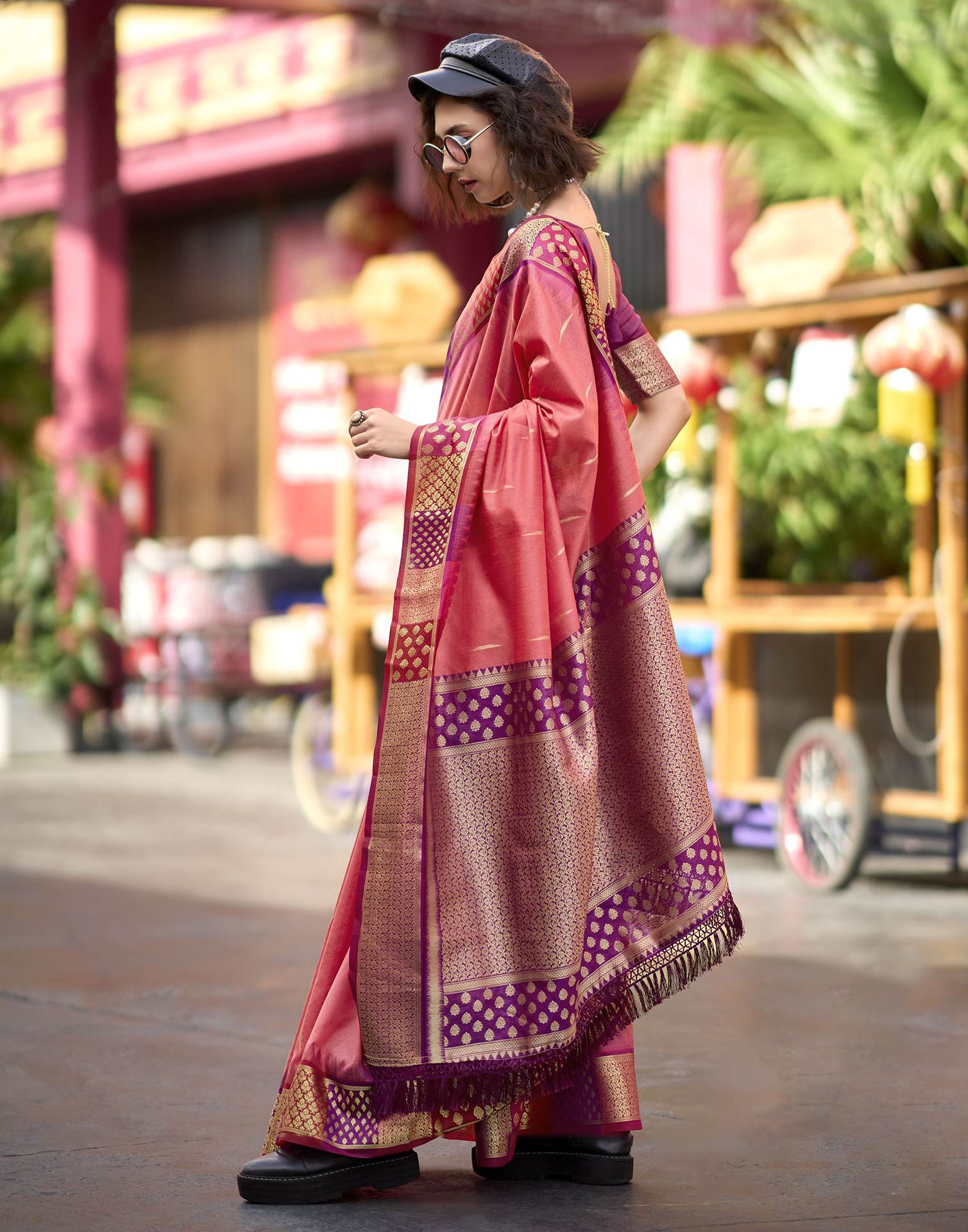 Coral Pink Silk Woven Saree