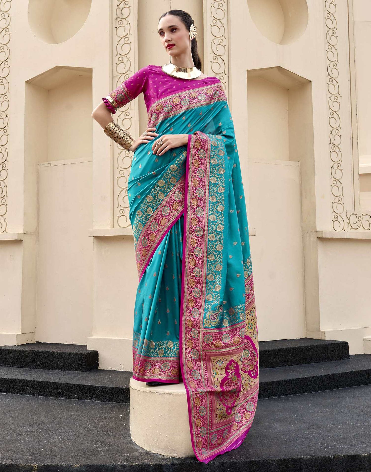 Teal Blue Silk Woven Banarasi Saree