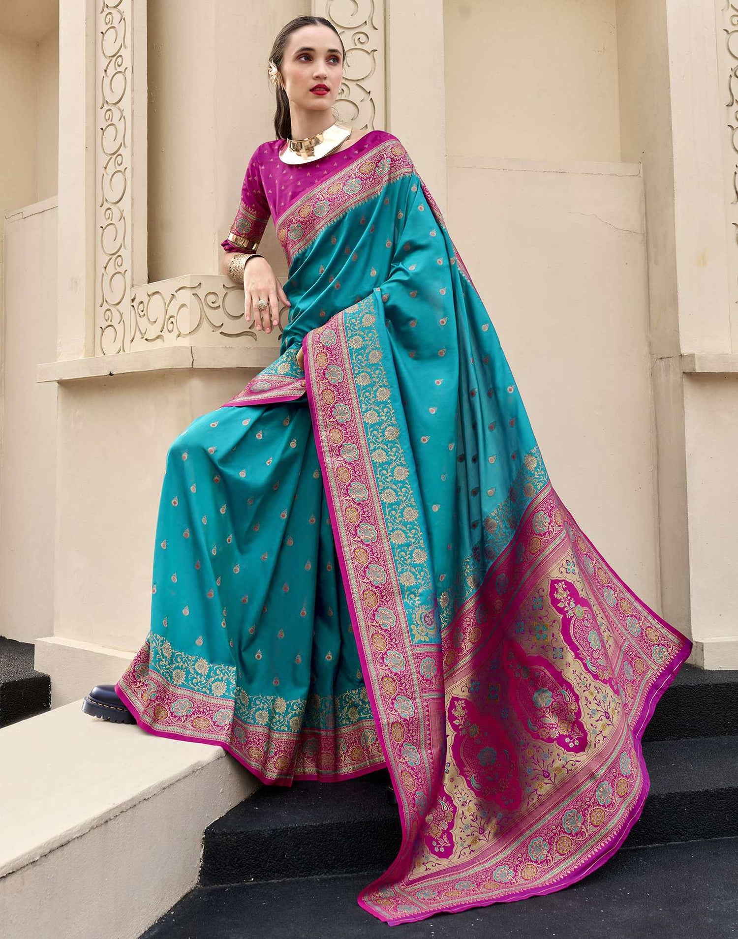 Teal Blue Silk Woven Banarasi Saree