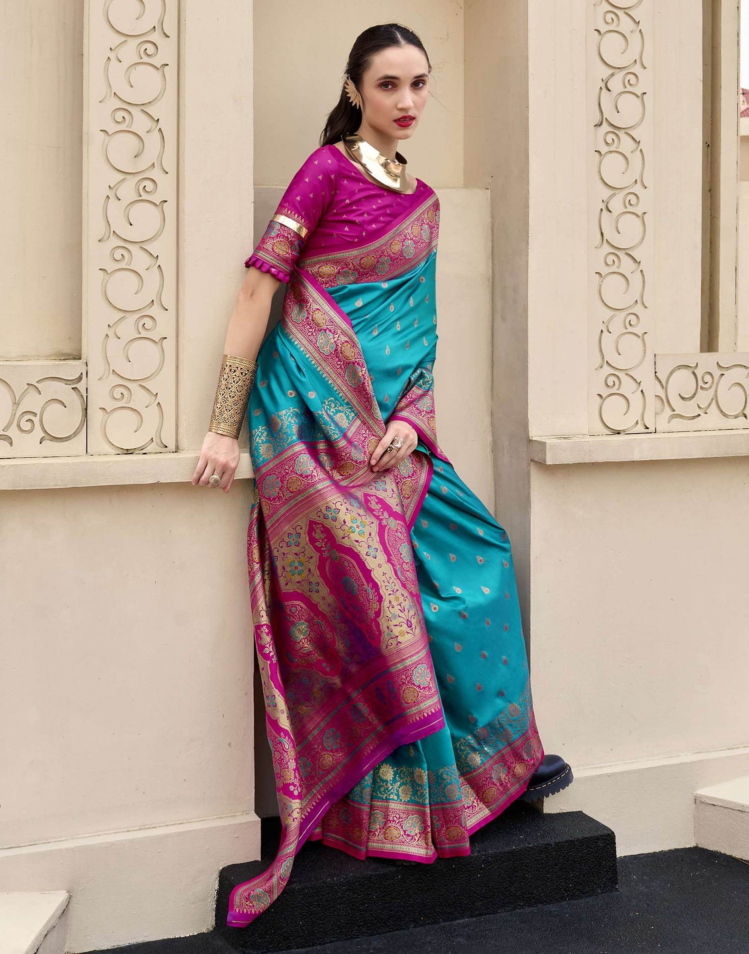 Teal Blue Silk Woven Banarasi Saree