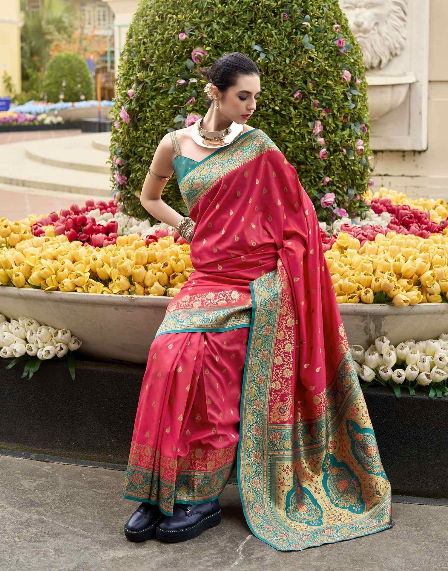 Coral Red Silk Woven Banarasi Saree