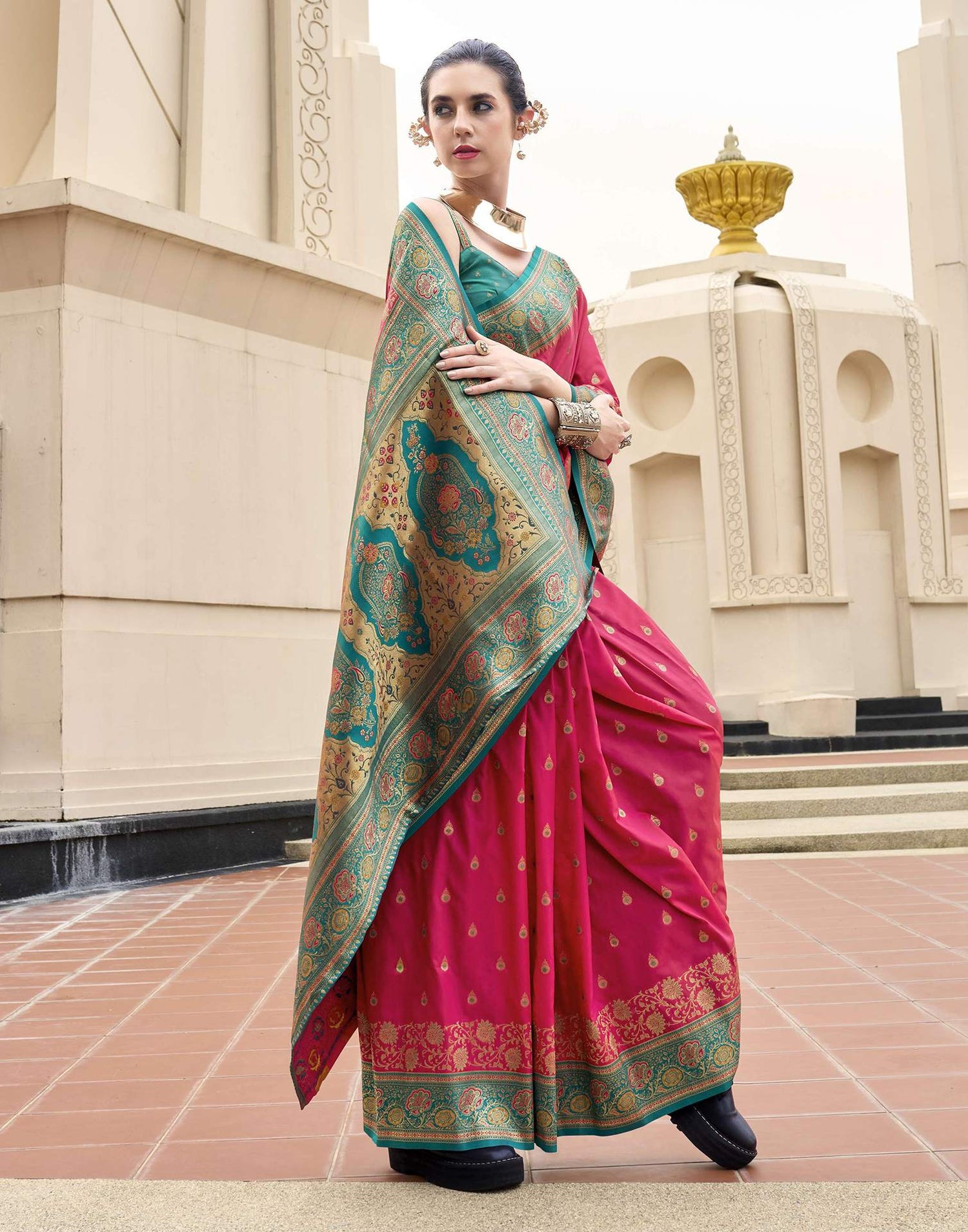 Coral Red Silk Woven Banarasi Saree