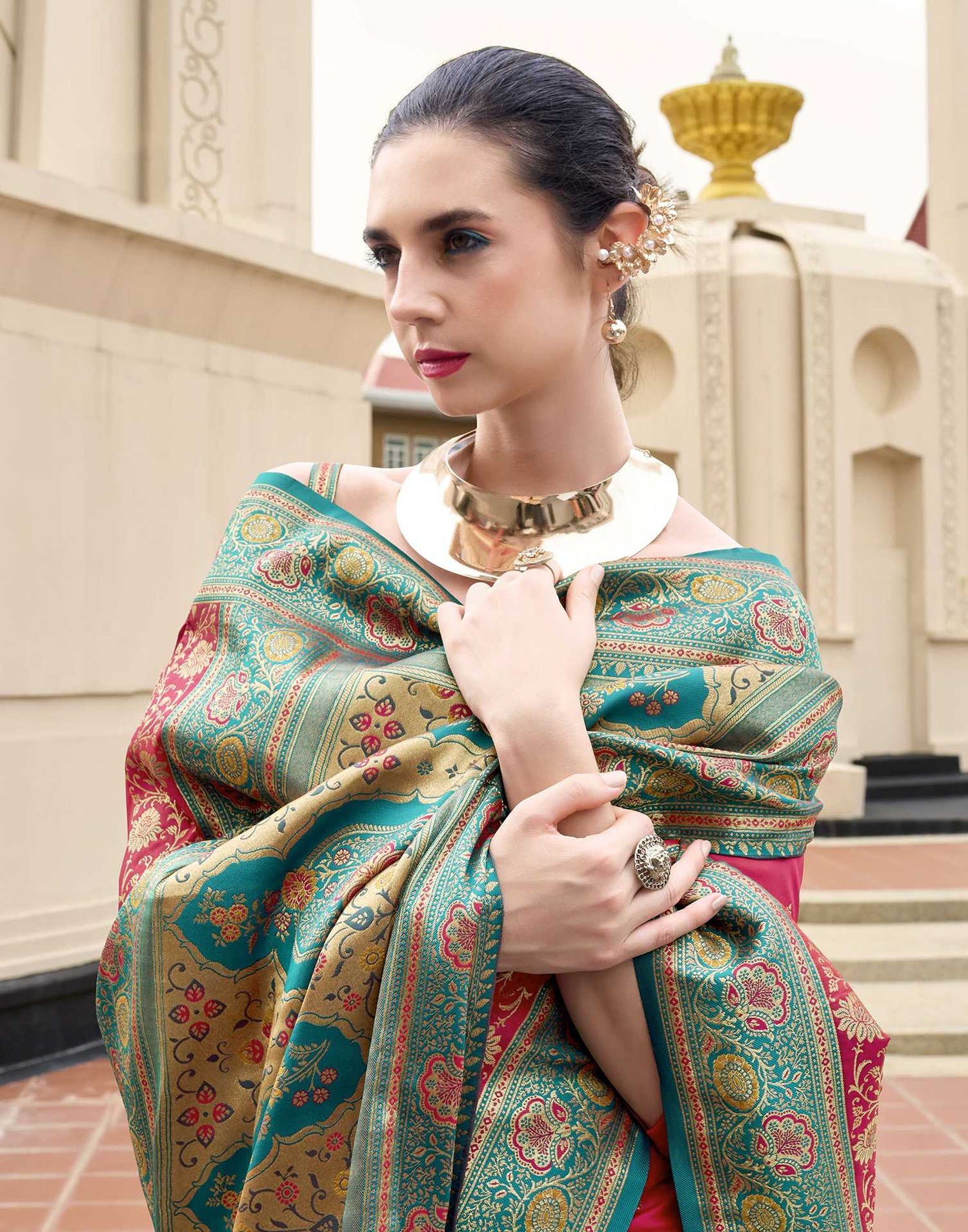 Coral Red Silk Woven Banarasi Saree