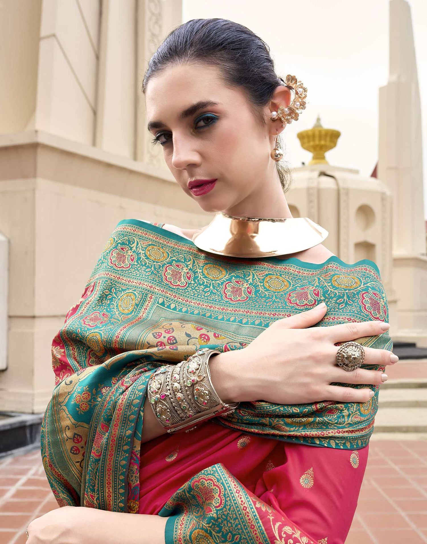 Coral Red Silk Woven Banarasi Saree