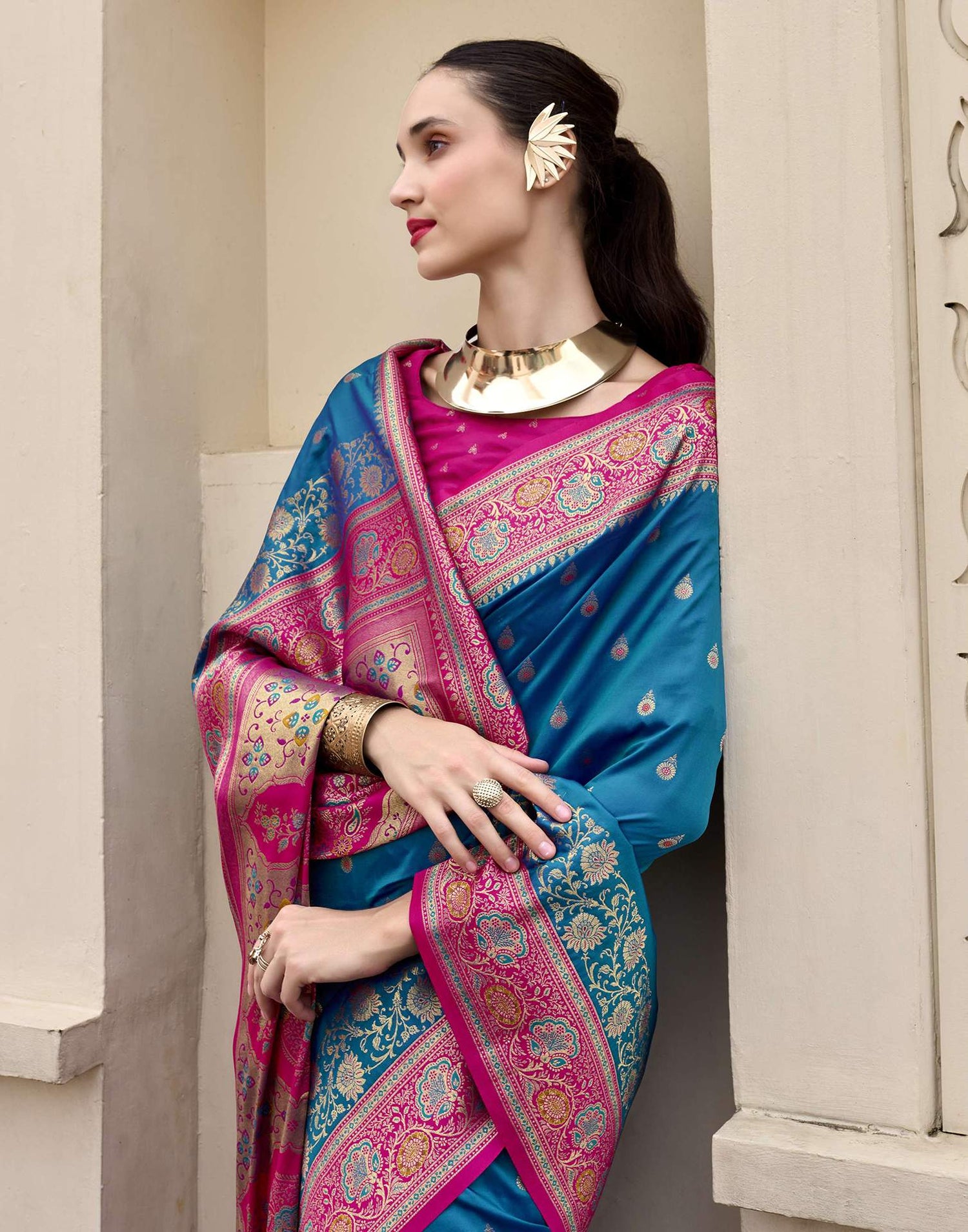 Peacock Blue Silk Woven Banarasi Saree