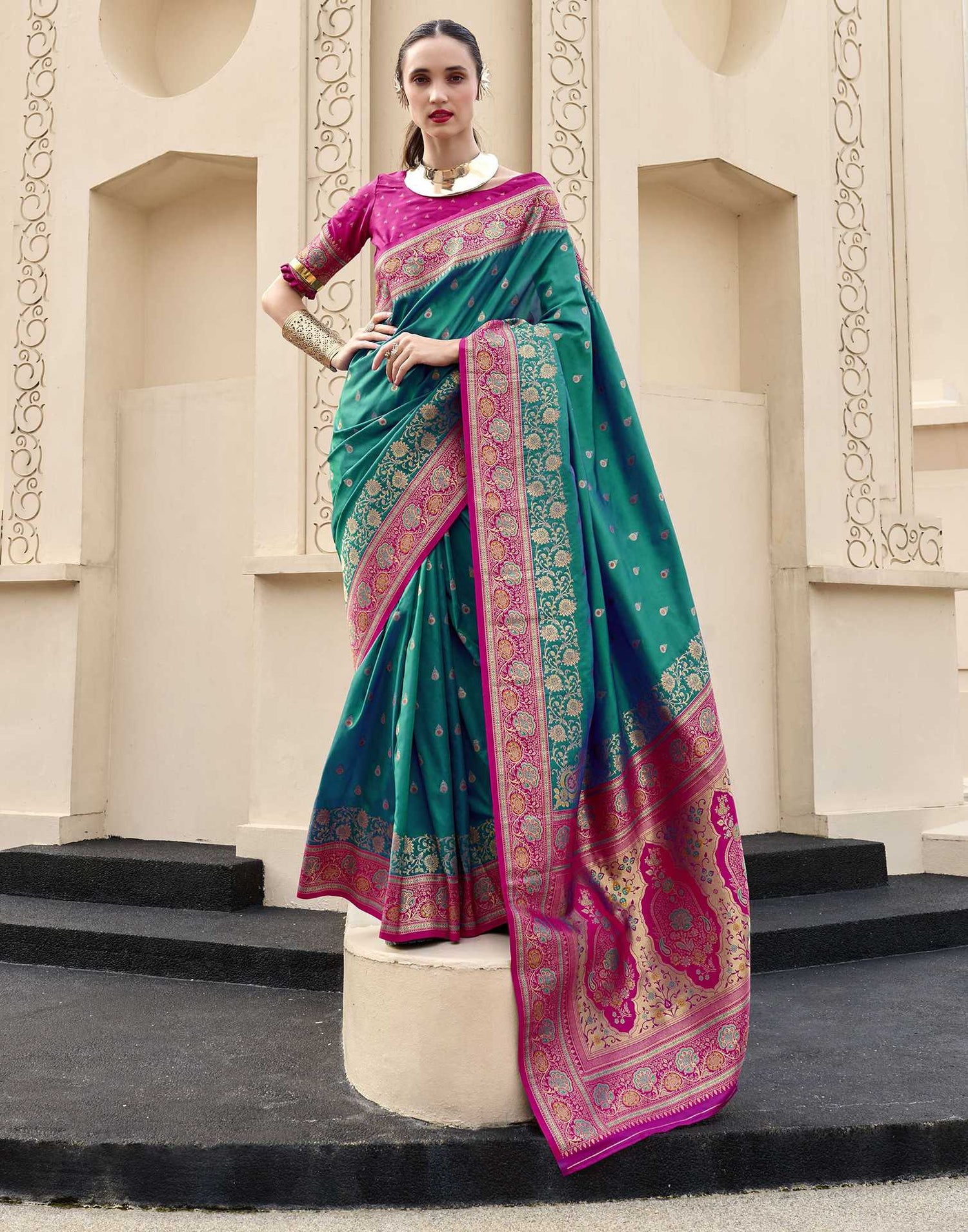 Teal Green Silk Woven Banarasi Saree