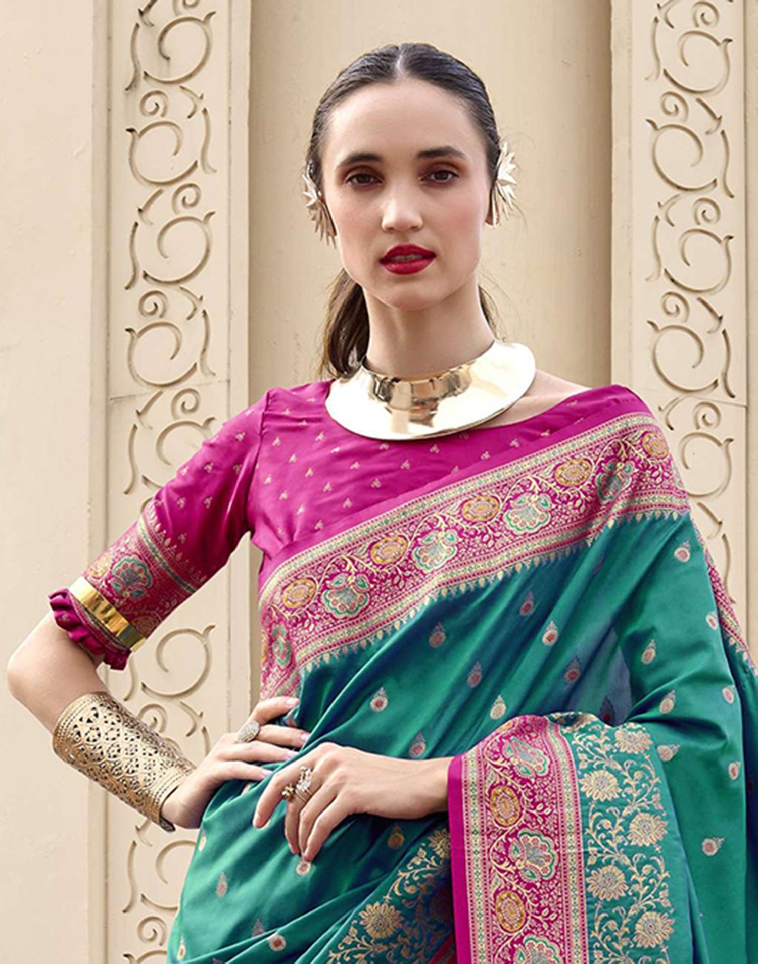 Teal Green Silk Woven Banarasi Saree