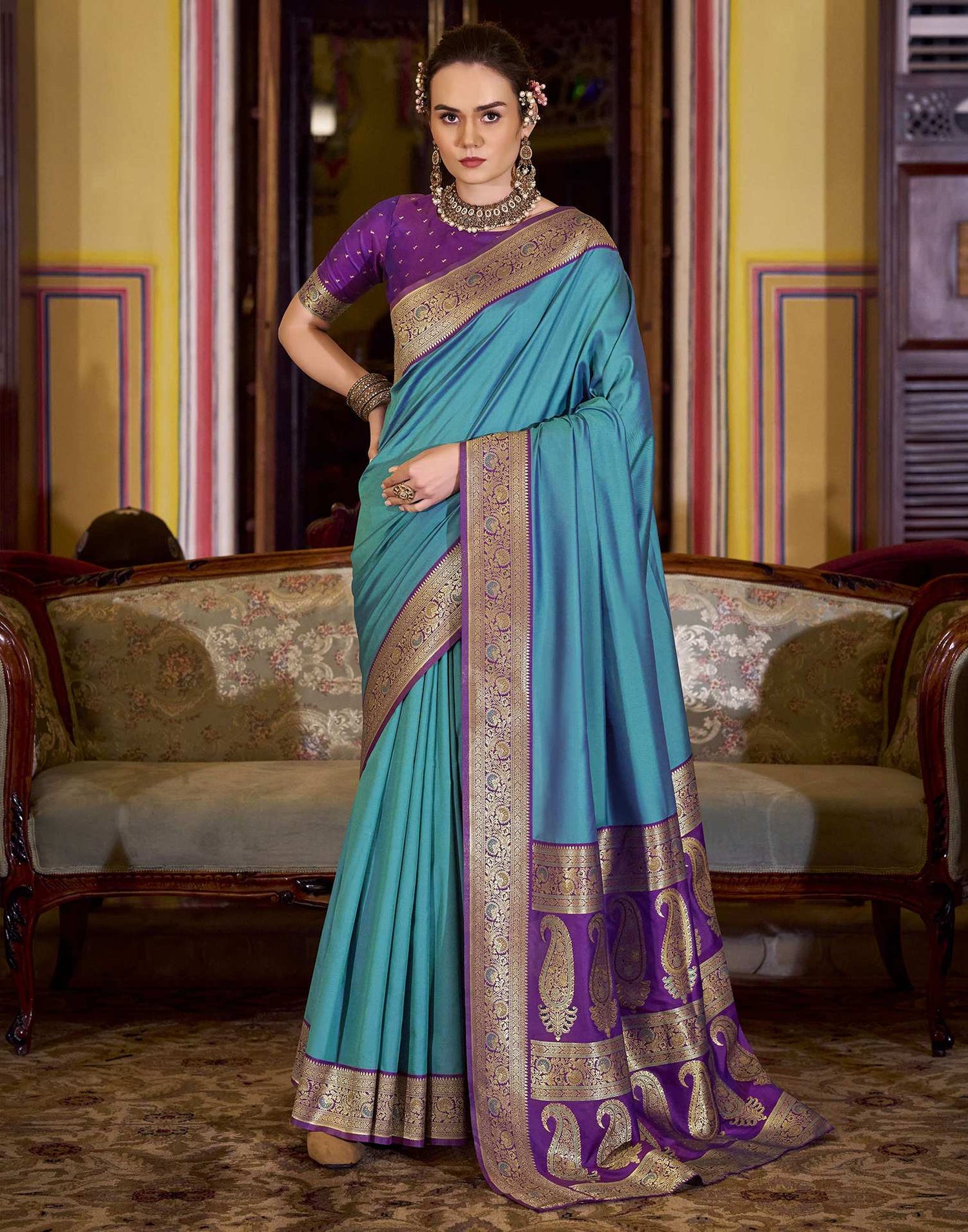 Teal Blue Silk Woven Saree