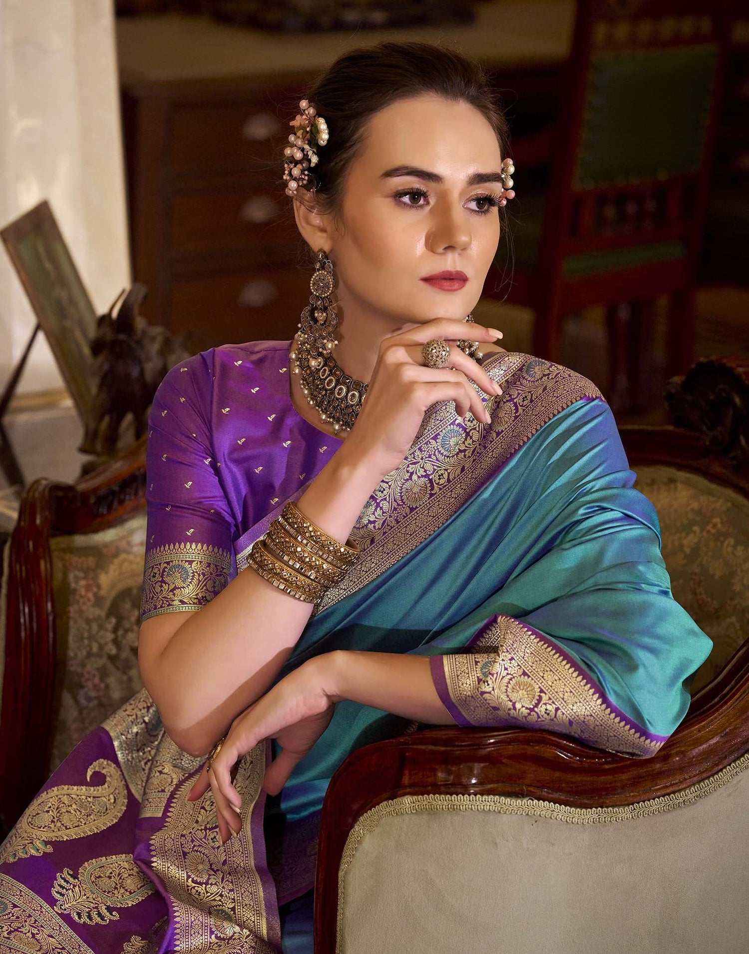 Teal Blue Silk Woven Saree