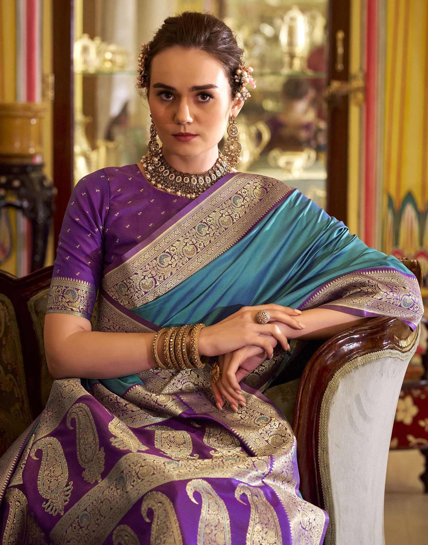 Teal Blue Silk Woven Saree