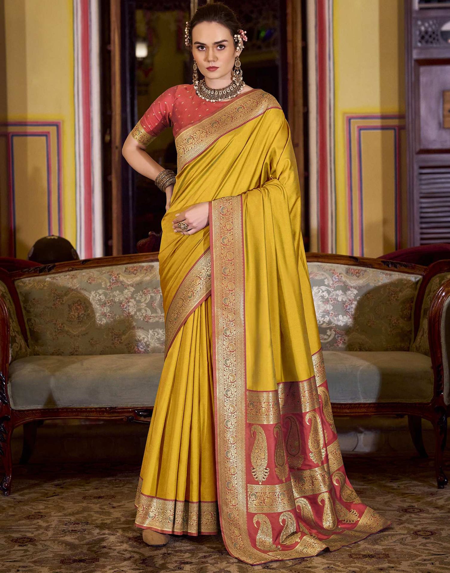 Mustard Yellow Silk Woven Saree