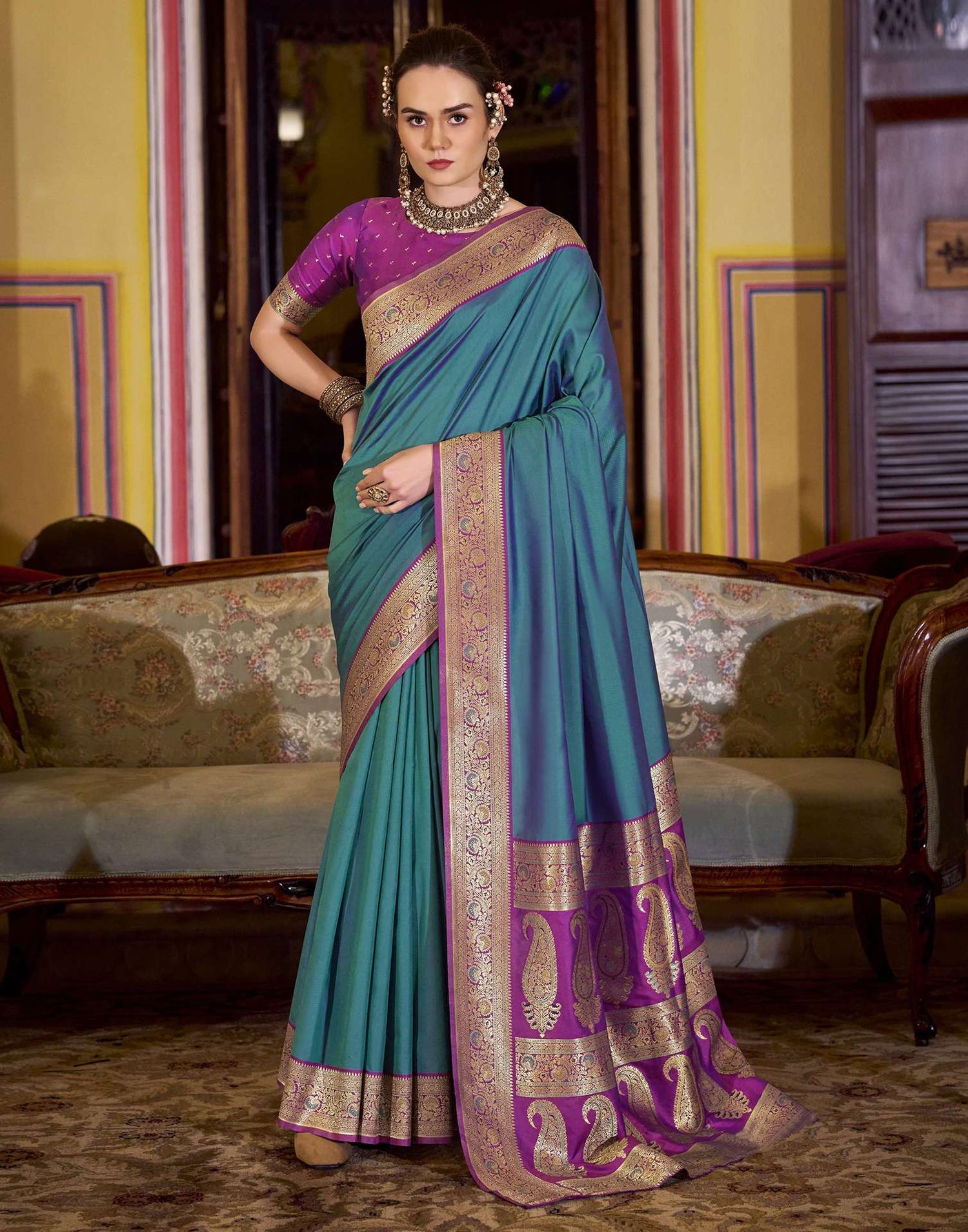 Peacock Blue Silk Woven Saree