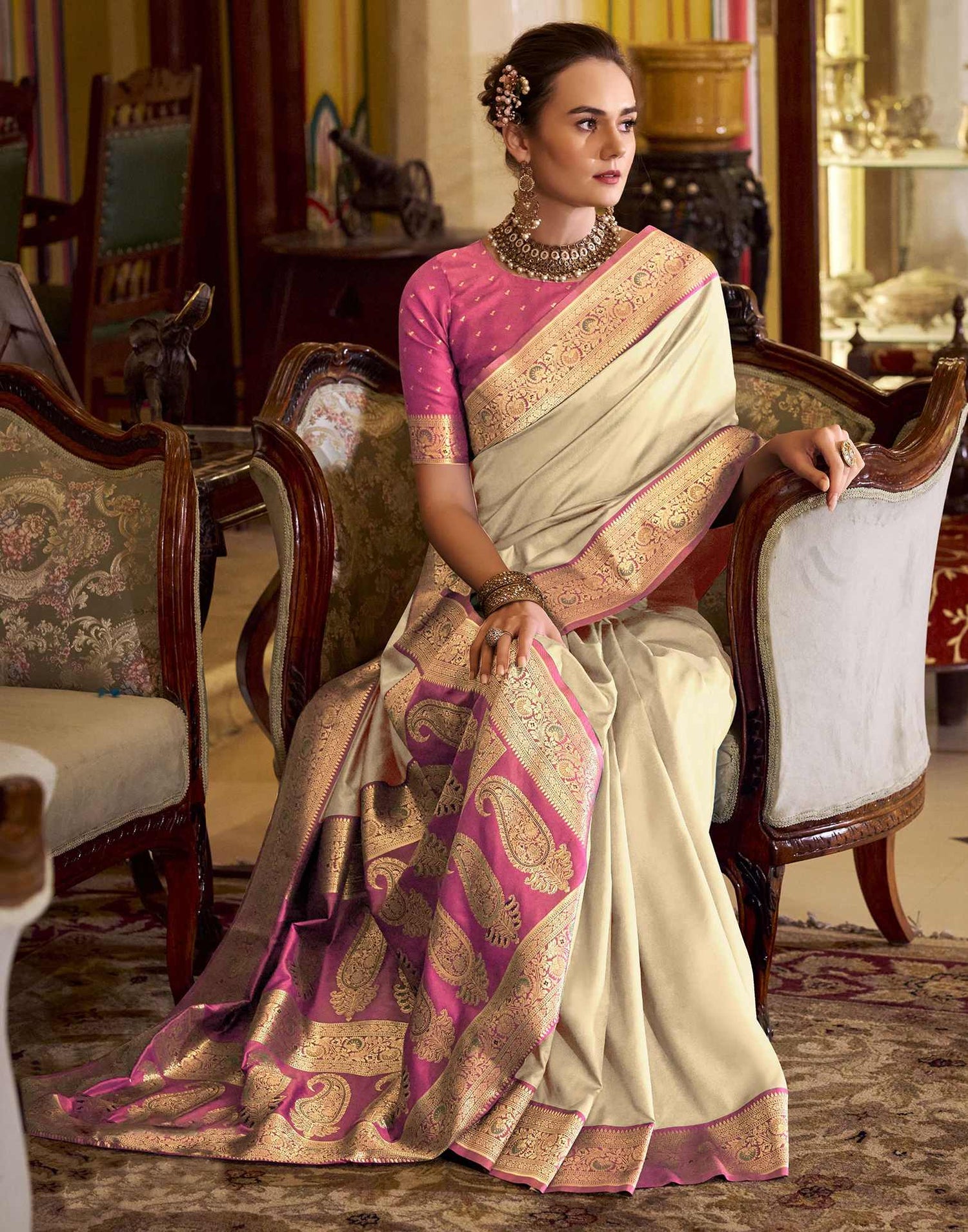 Cream Silk Woven Saree