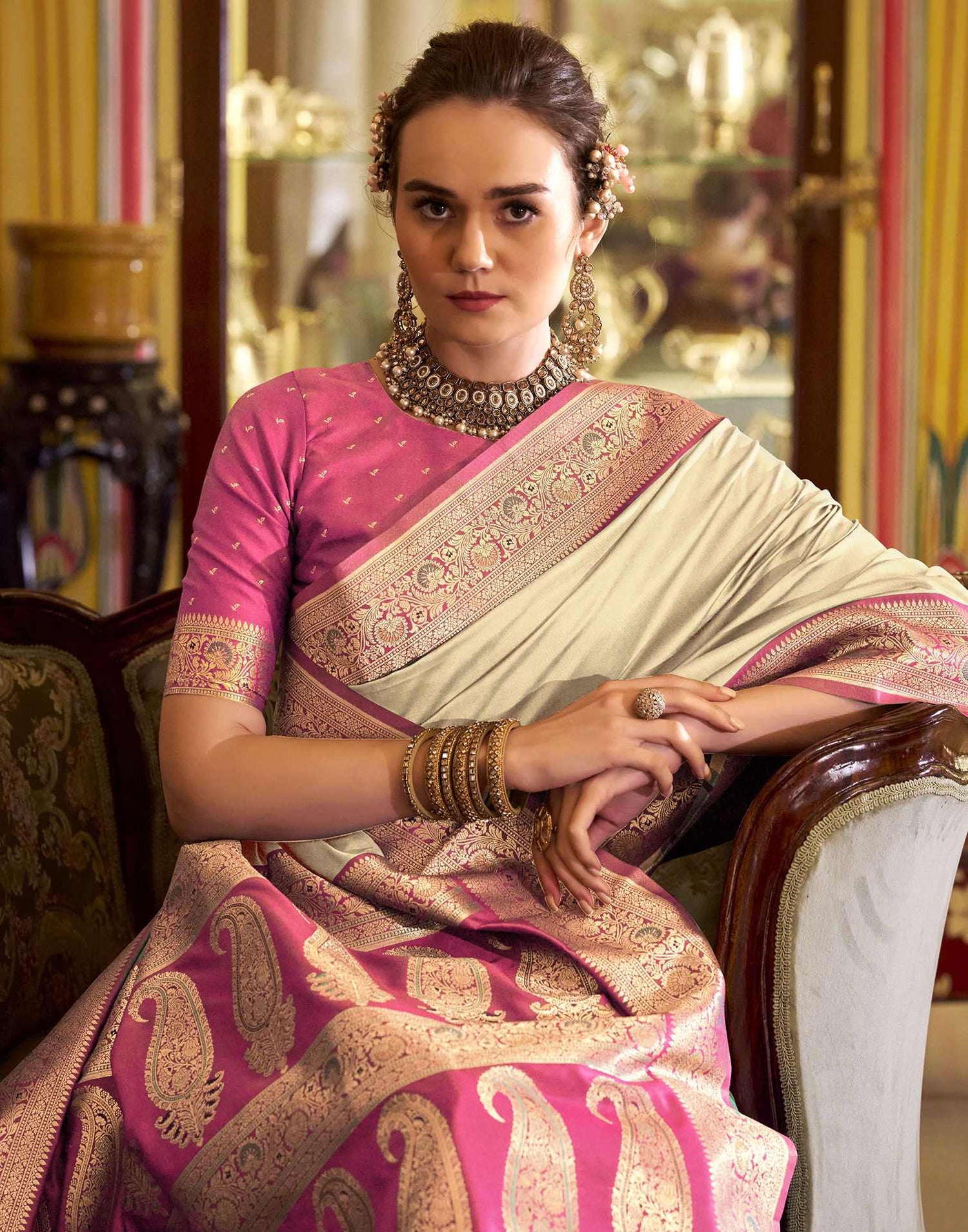 Cream Silk Woven Saree