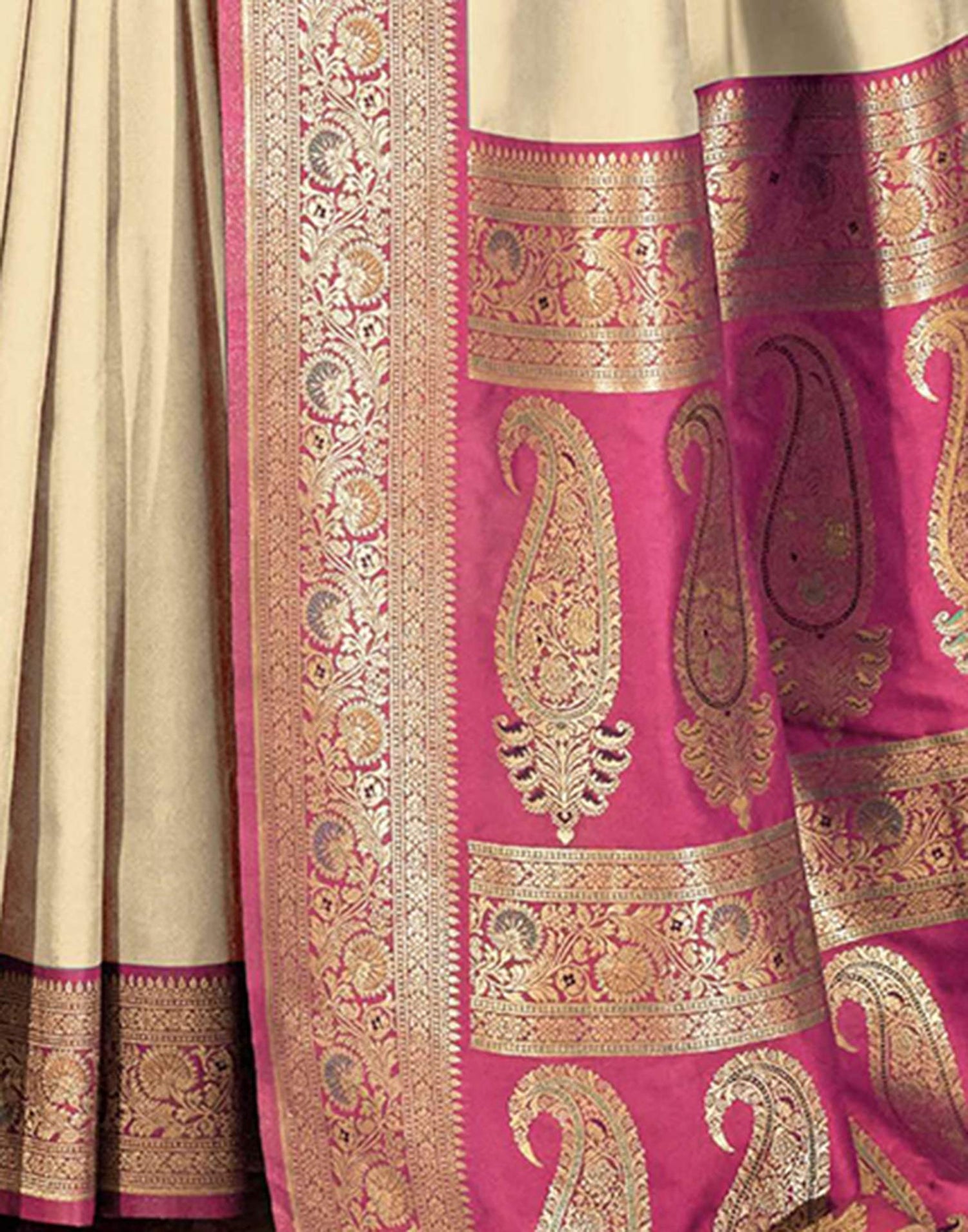 Cream Silk Woven Saree
