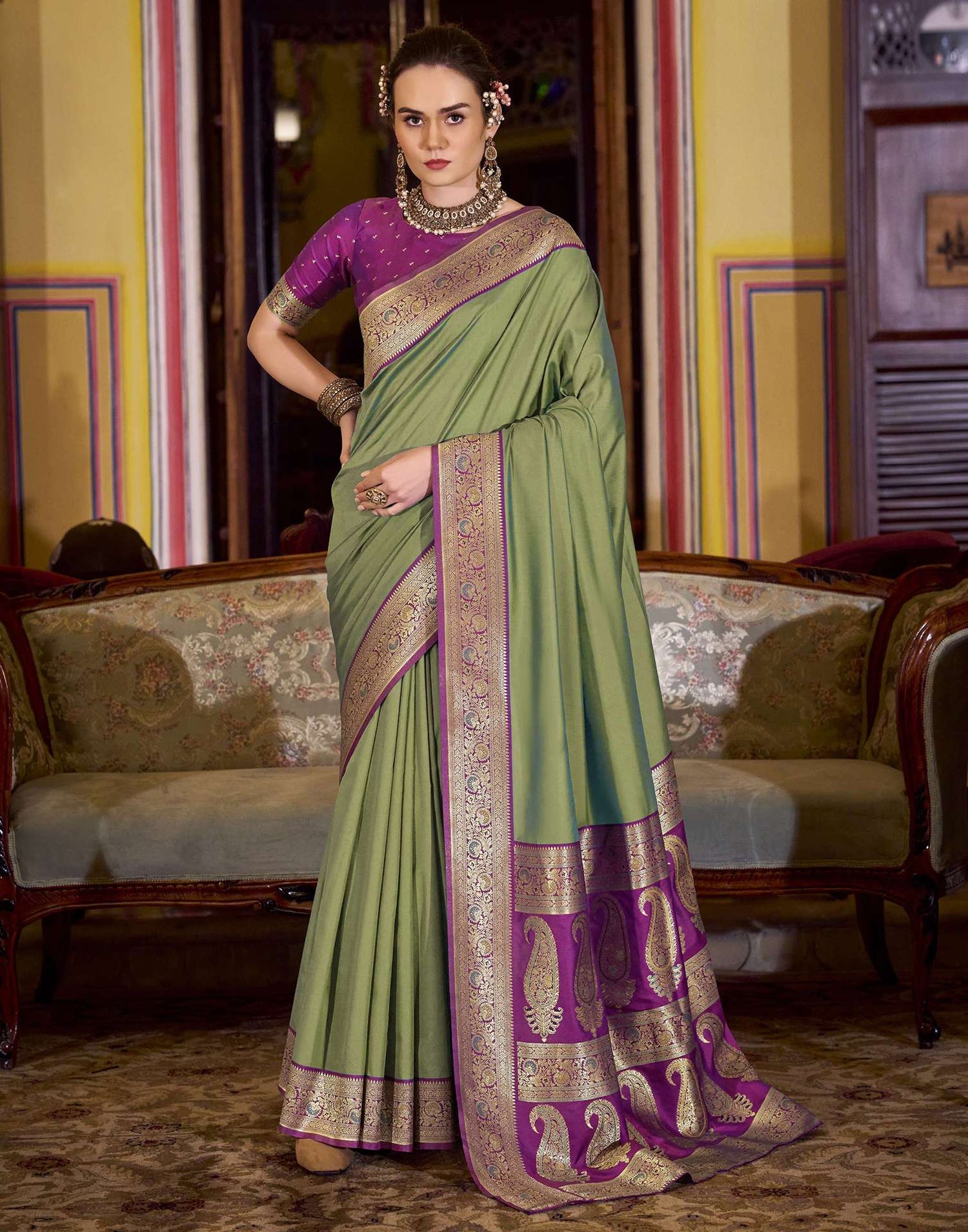 Moss Green Silk Woven Saree