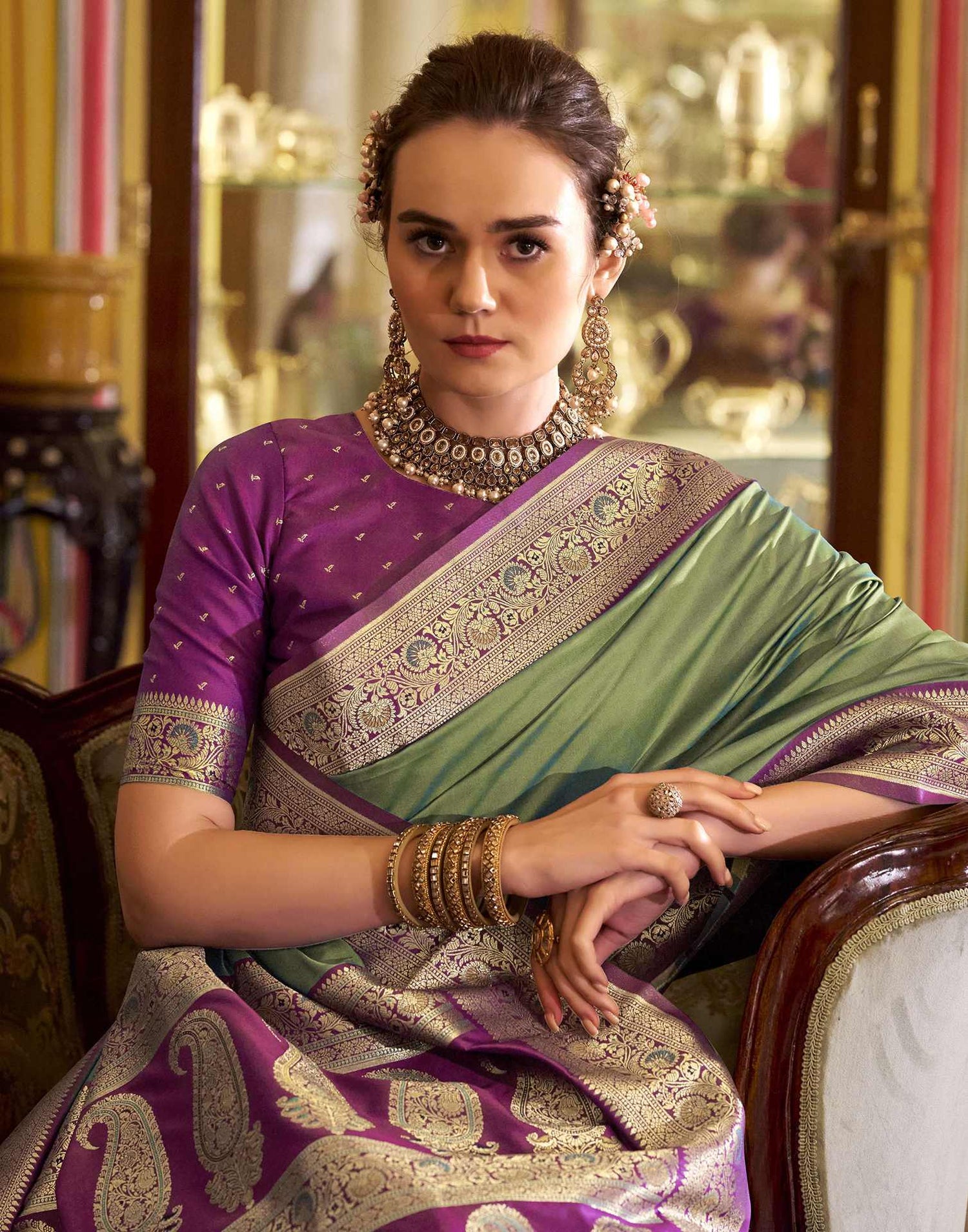 Moss Green Silk Woven Saree