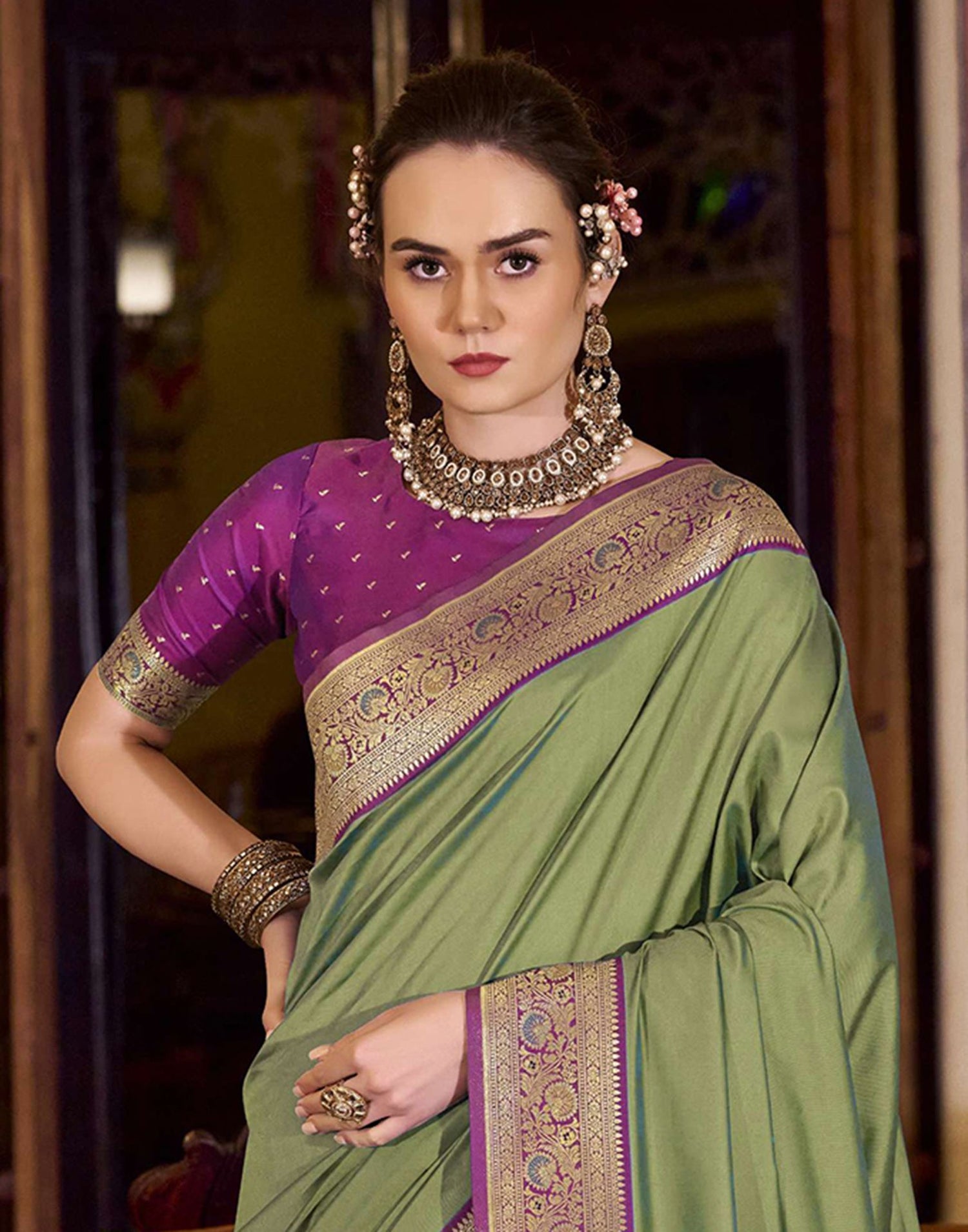 Moss Green Silk Woven Saree