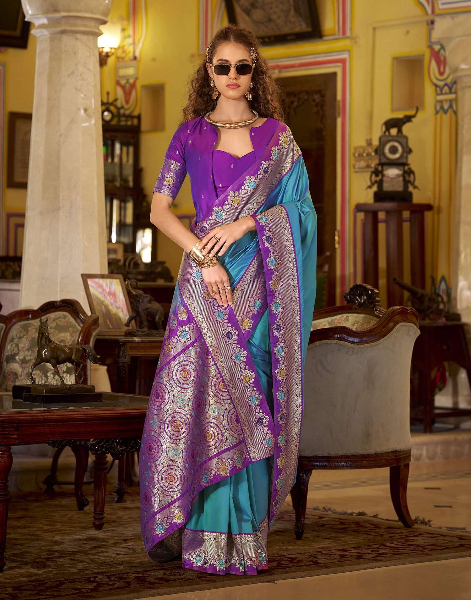 Teal Blue Silk Woven Saree