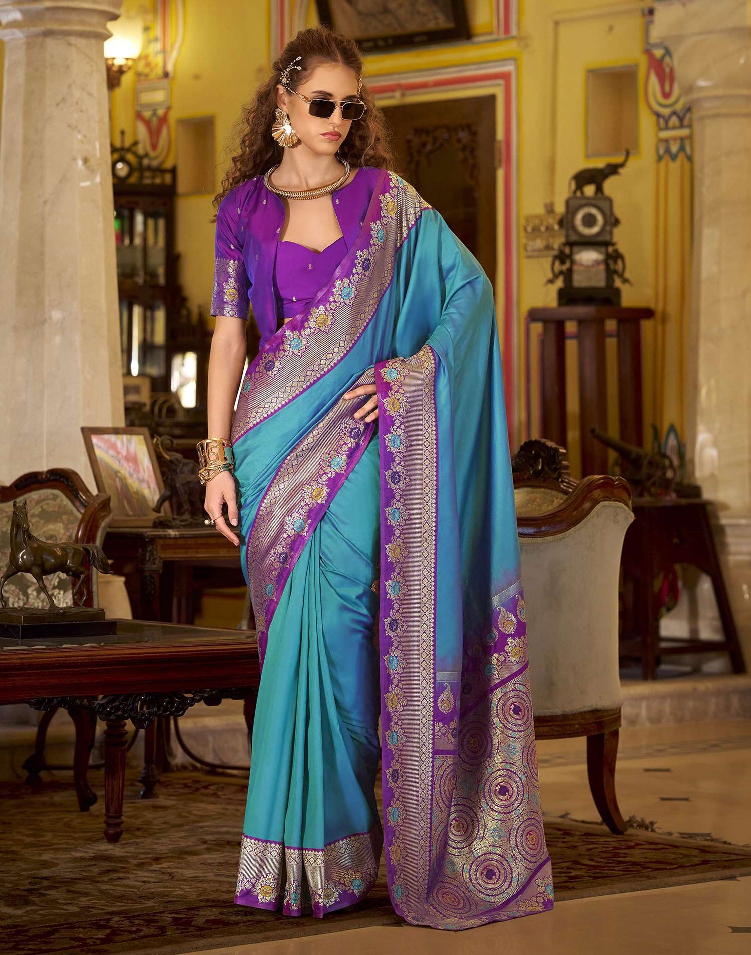 Teal Blue Silk Woven Saree