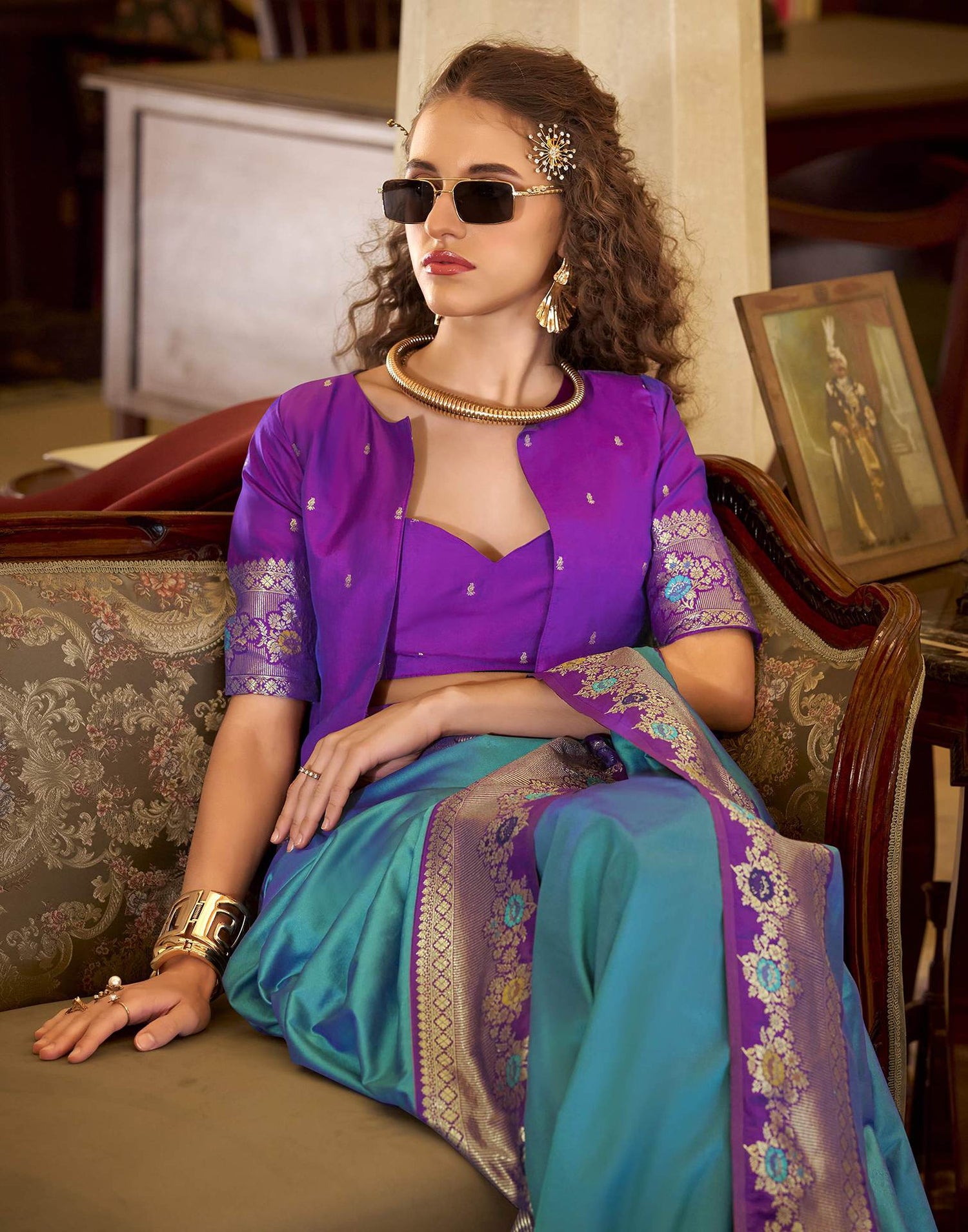 Teal Blue Silk Woven Saree