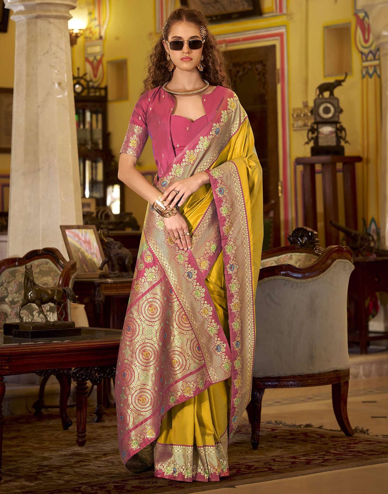 Yellow Silk Woven Saree