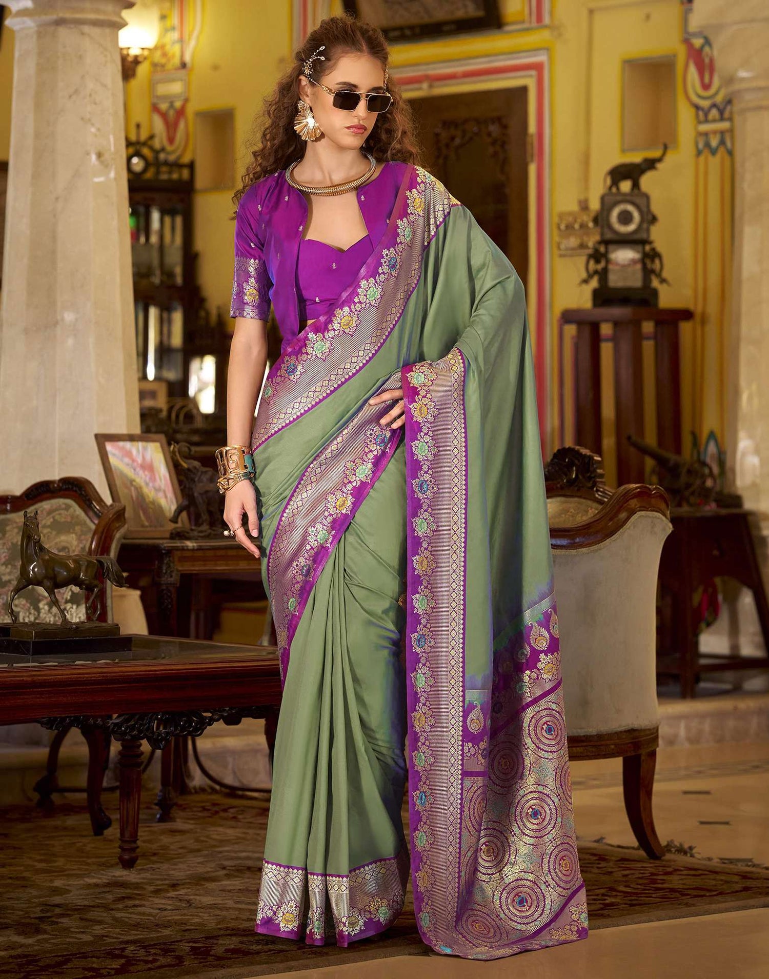 Moss Green Silk Woven Saree