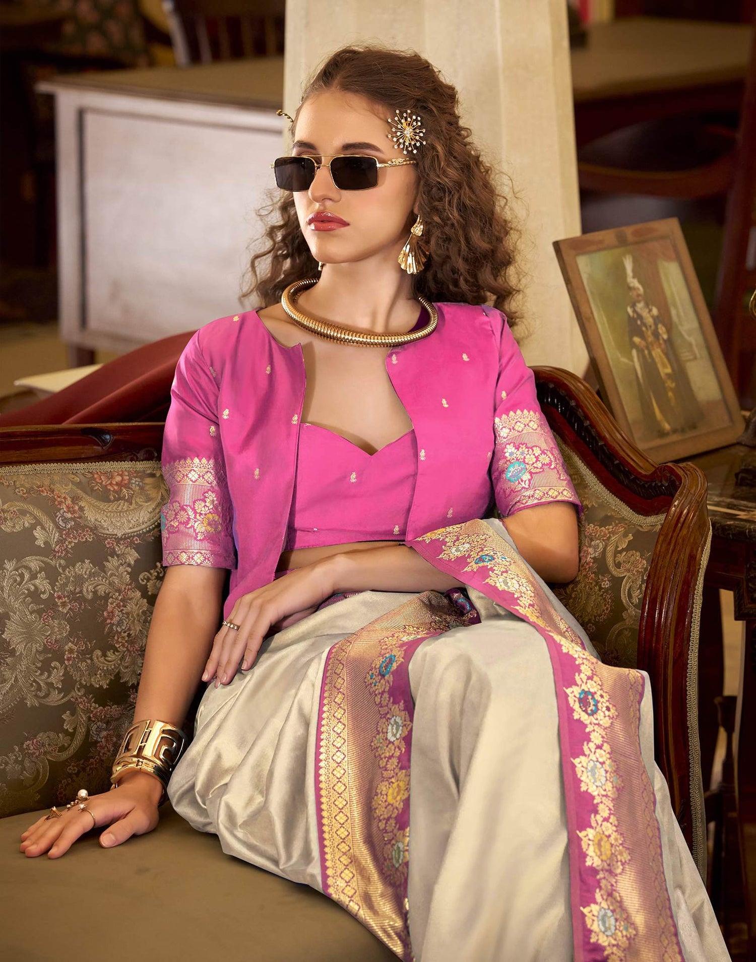 Cream Silk Woven Saree