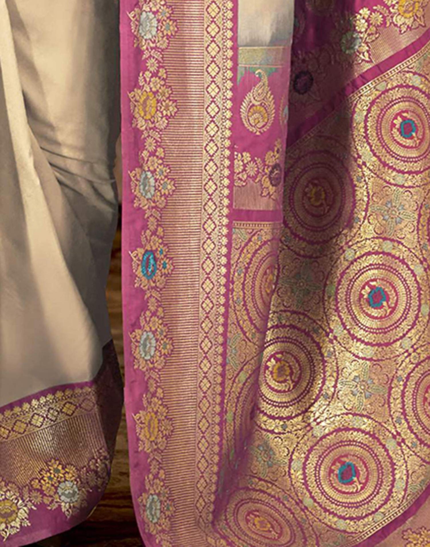 Cream Silk Woven Saree