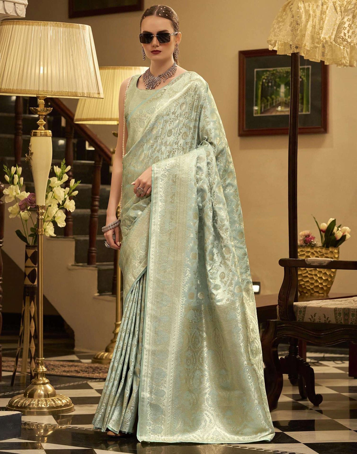 Light Pista Green Satin Woven Banarasi Saree